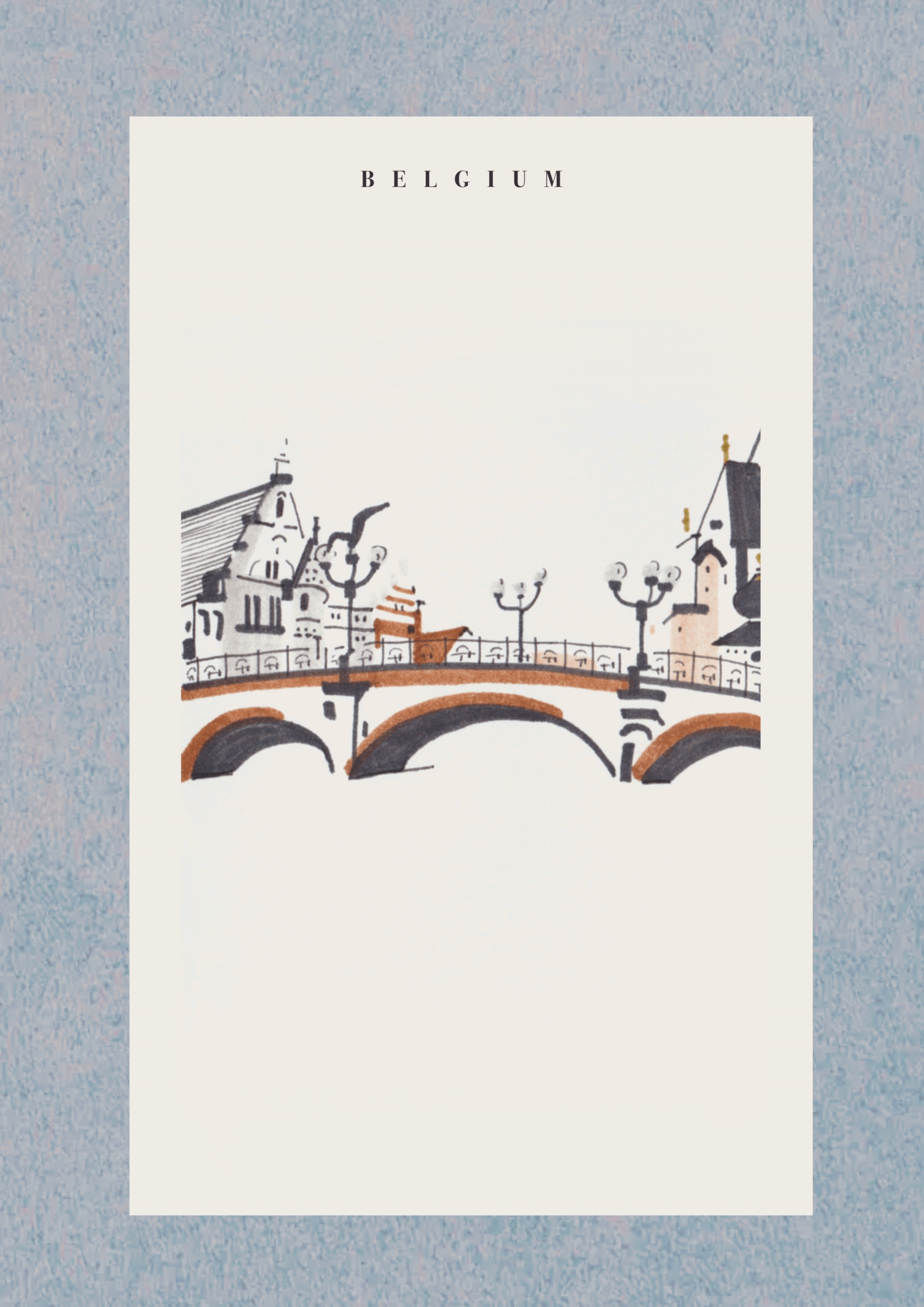A stylized illustration of Belgian architecture, including buildings, a bridge, and street lamps, set against a light blue textured background.