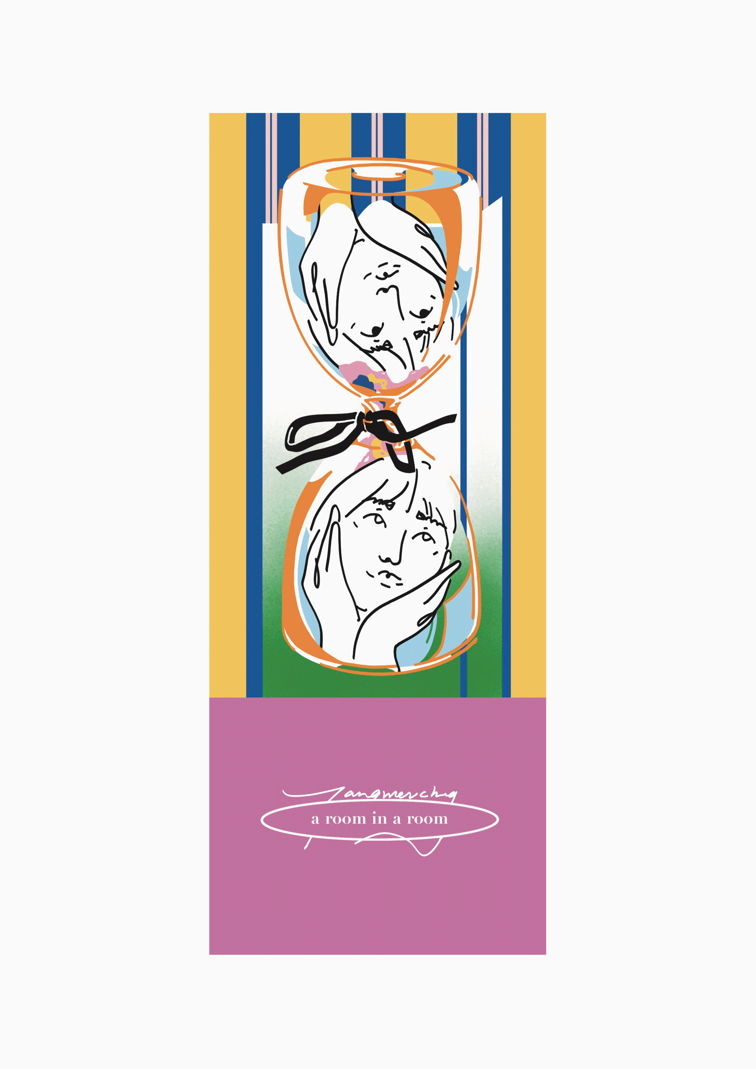 A colorful, artistic illustration of two women inside wine glasses, surrounded by horizontal stripes in yellow, blue, green, and pink. The artwork features minimalistic, line-drawn faces and has the text "a room in a room" at the bottom.