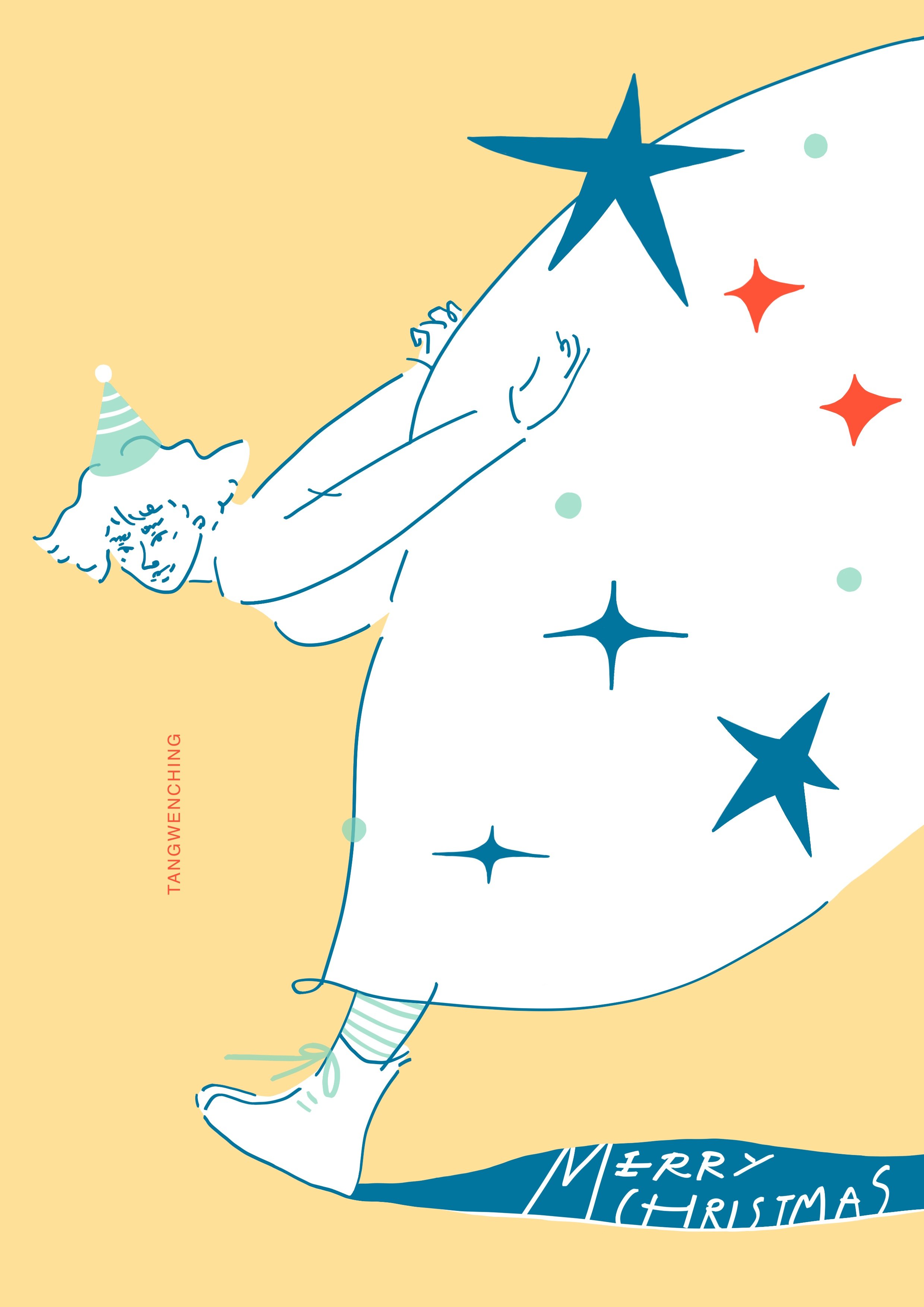 Close-up of a cartoon type illustration of a girl in winter clothing holding a large Christmas stocking decorated with stars and the message 'Merry Christmas'. The background is yellow with a mix of snow and stars.