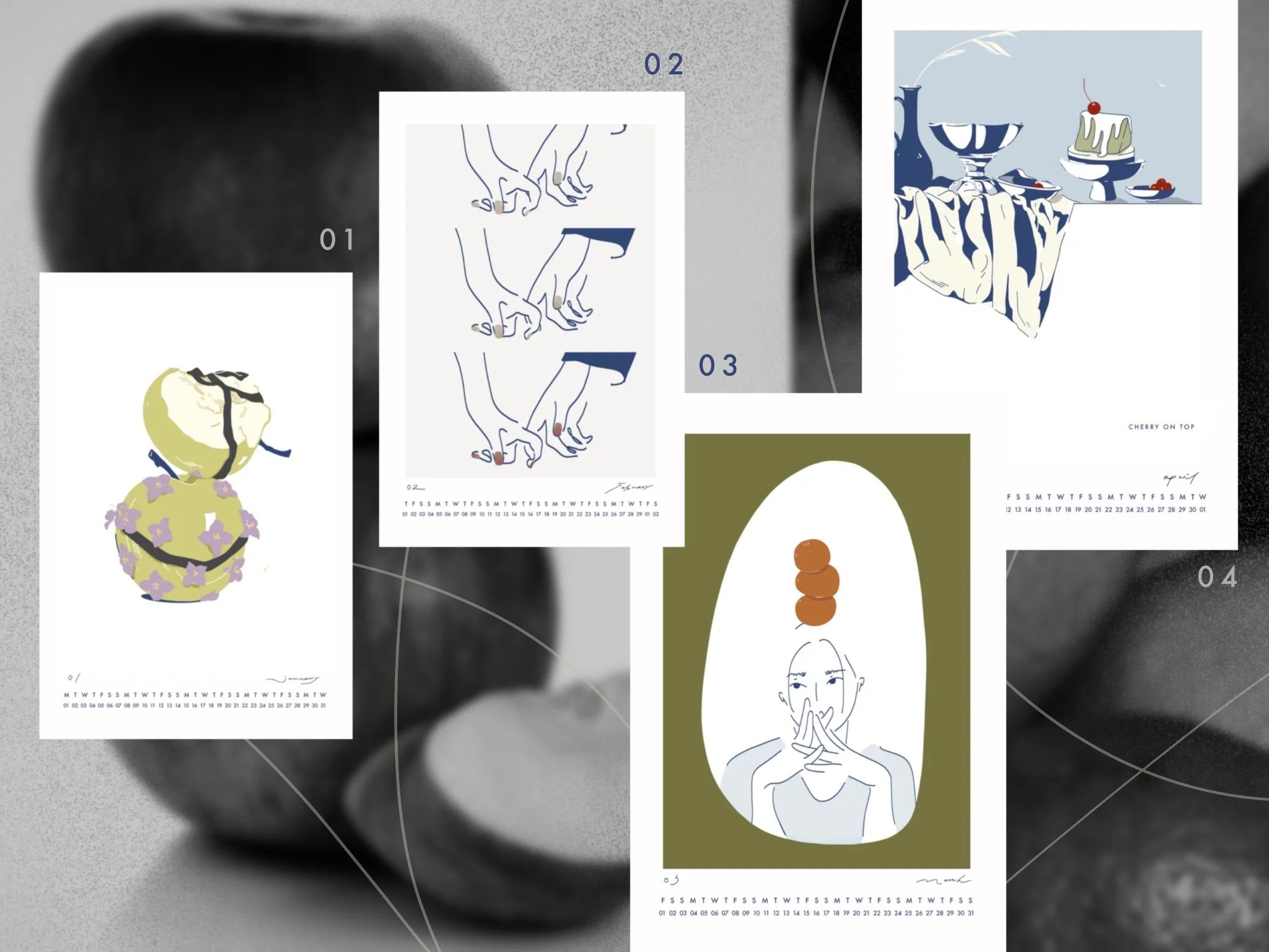 Collection of illustrated artwork including a hand sign language, a table with food and glassware, a woman with purple flowers on her head, and a face with hands on her chin, arranged as a collage.