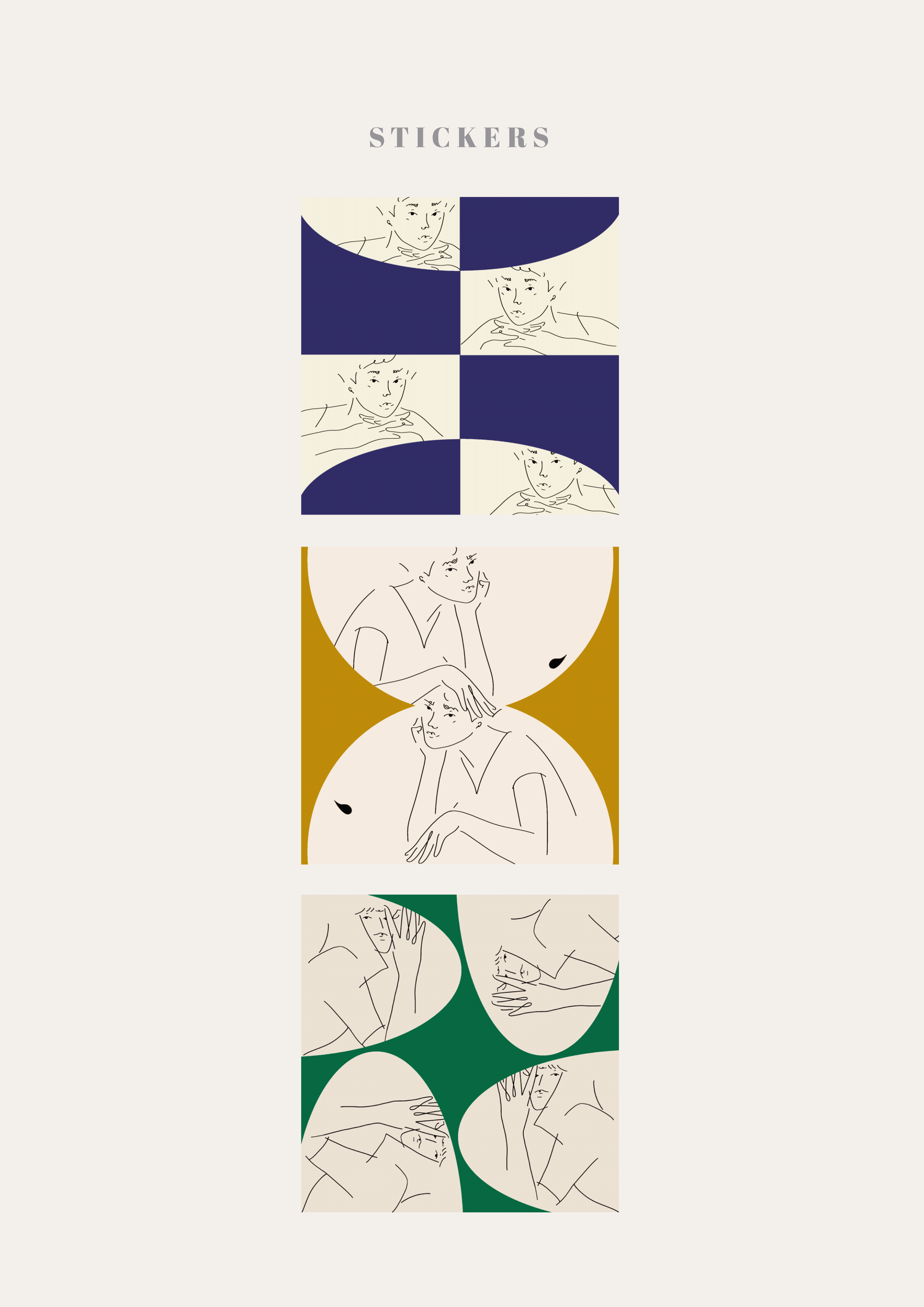 A collection of sticker designs featuring minimalist line art of a person in various poses, arranged in rows with different colored backgrounds including blue, beige, and green.