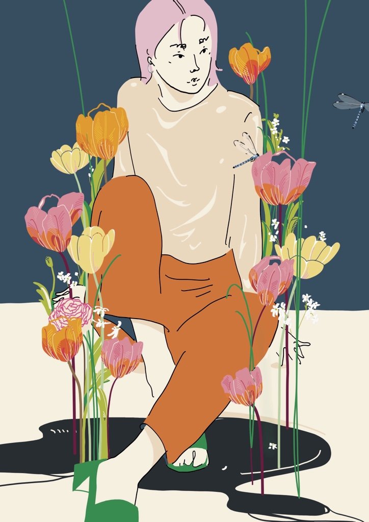 A woman with pink hair seated among colorful tulips and daisies, with dragonflies flying around, in a surreal artistic style.