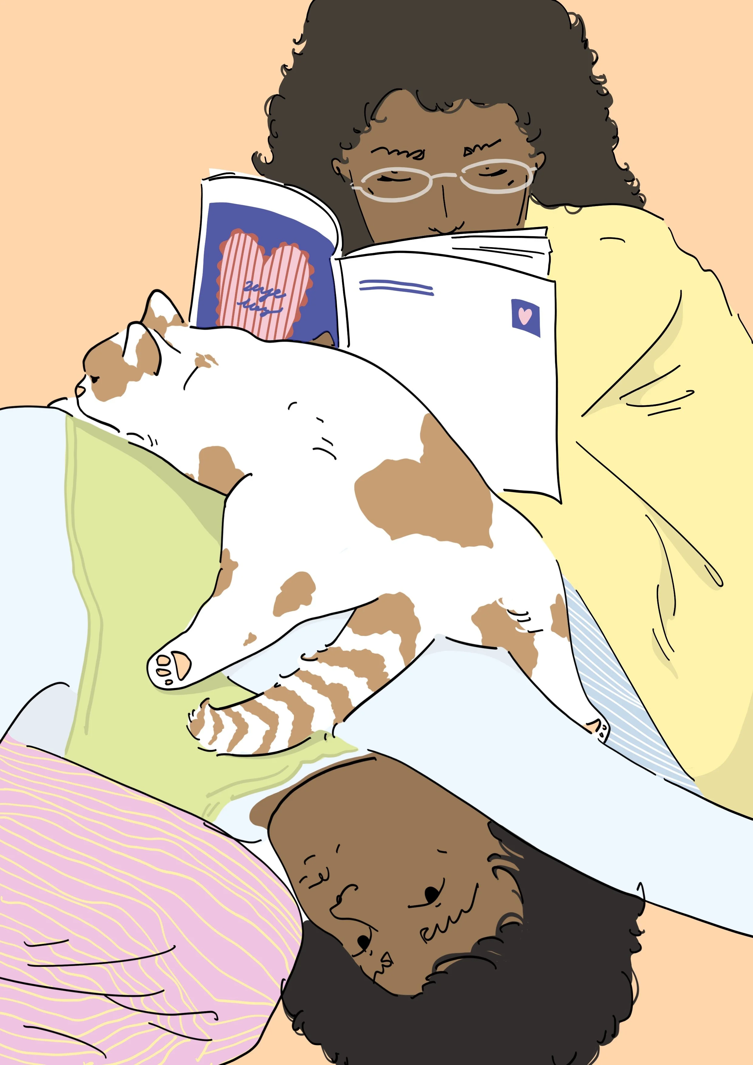 A woman with glasses and curly hair, wearing a yellow sweater, is sitting and reading a magazine. She has a cute dog with brown and white fur resting on her lap, with its eyes closed. There is a baby with dark skin and curly hair lying upside down, smiling underneath the woman and the dog.