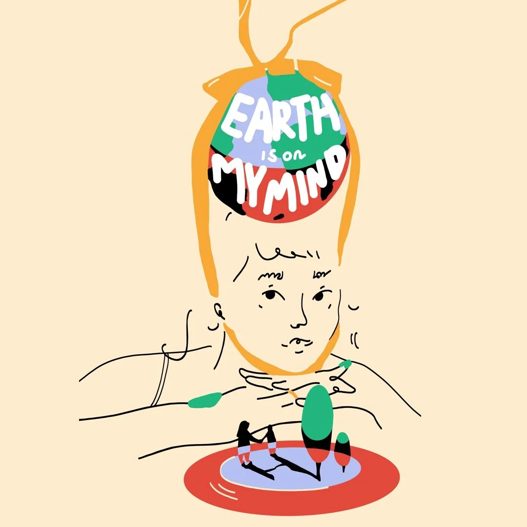 A minimalist line drawing of a person with short hair and a contemplative expression, resting their head on their hand. Above their head, there is an illustration of the Earth with the phrase "Earth is on my mind" written across it.