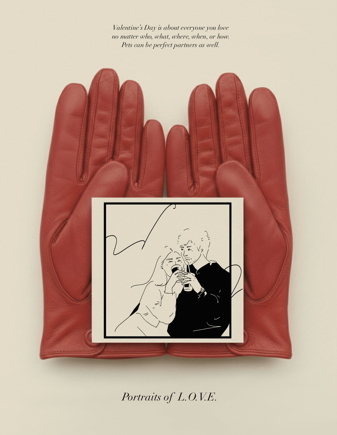 Illustration of brown leather gloves on a cream background with a small black-and-white card reading "Portraits of L.O.V.E." — a Valentine's Day illustration by Tang Wen Ching