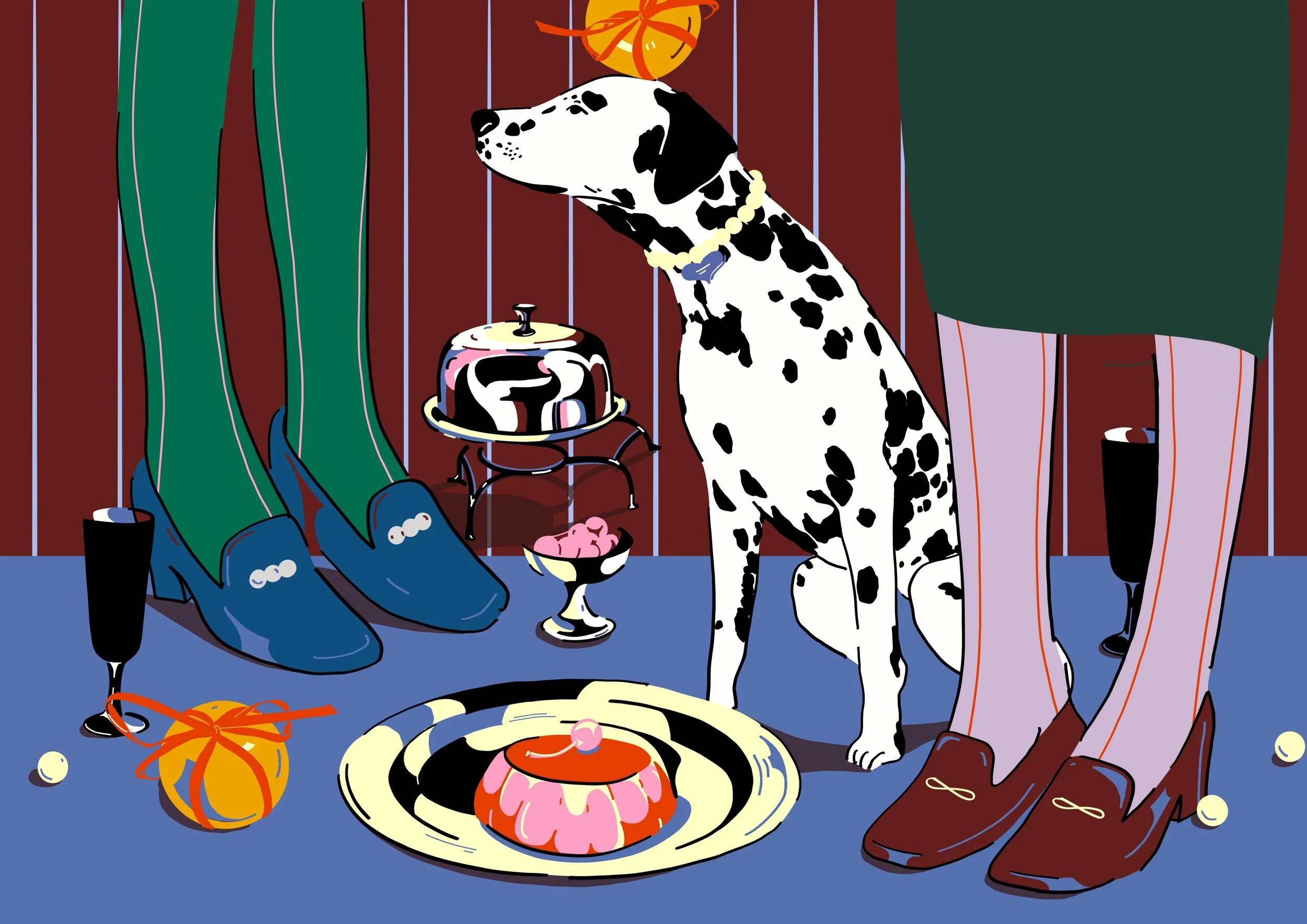 Flat-color illustration of a Dalmatian dog in an elegant interior, standing beside a pink jelly cake on a gold plate, with a tiered dessert stand, gold loafers, and richly striped curtains