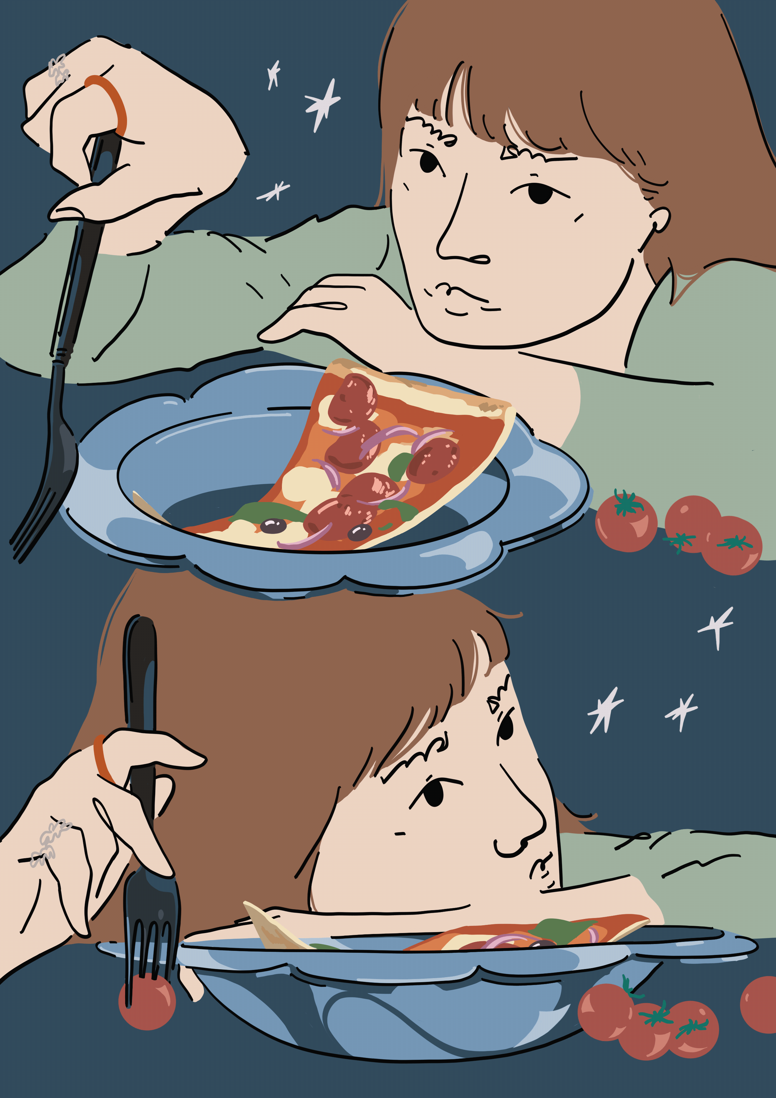Flat illustration of a person lying down eating pizza from a bowl with a fork and scattered cherry tomatoes, looking weary, with a starry night sky in the background