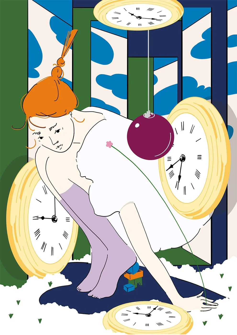 Surrealist illustration of a woman with an auburn bun crouching among oversized golden clock faces, with blue cloud-patterned wallpaper, green pillars, and a hanging purple pendulum