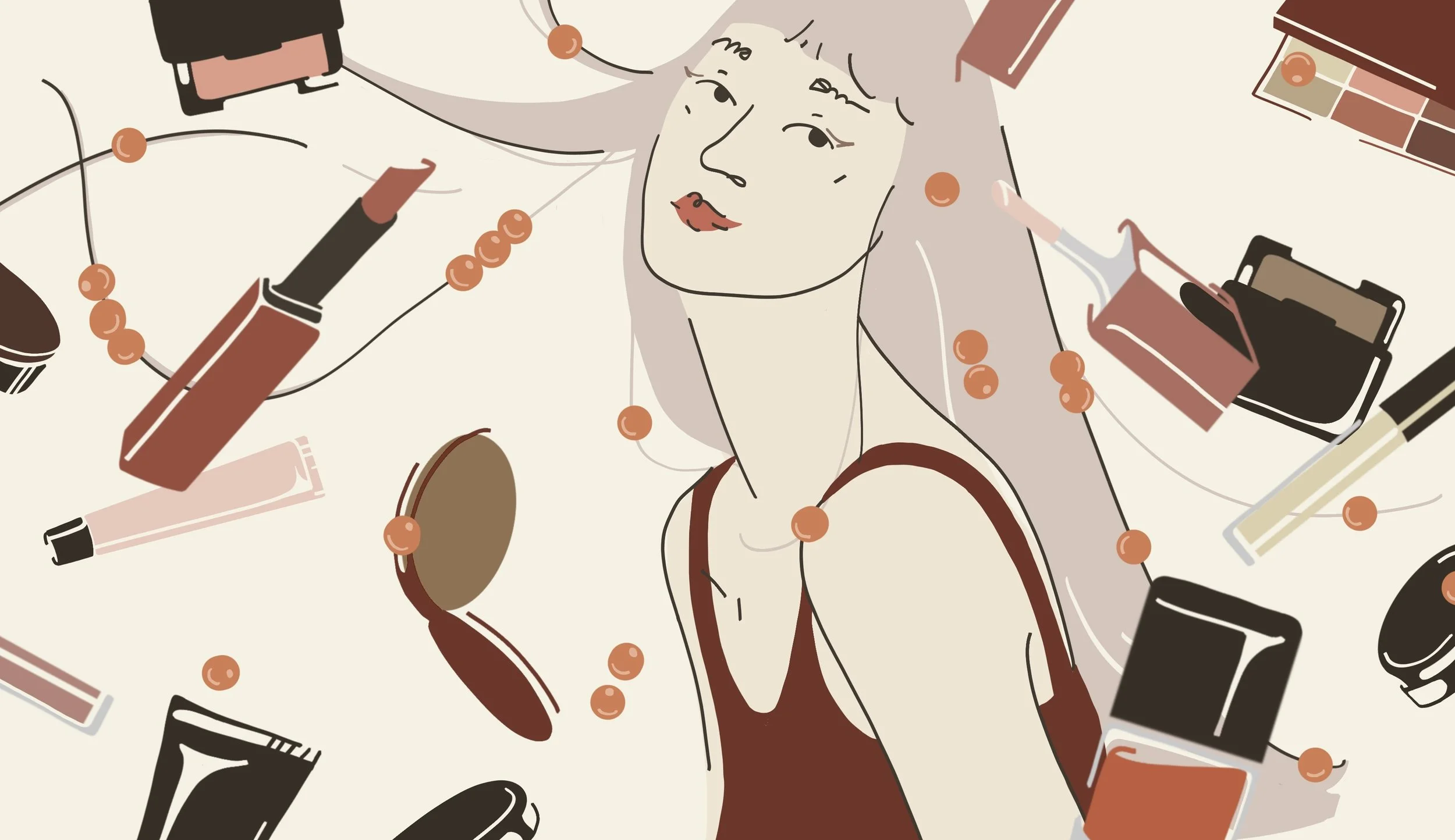Stylized illustration of a woman with long hair surrounded by makeup products such as lipstick, eyeshadow, and blush.