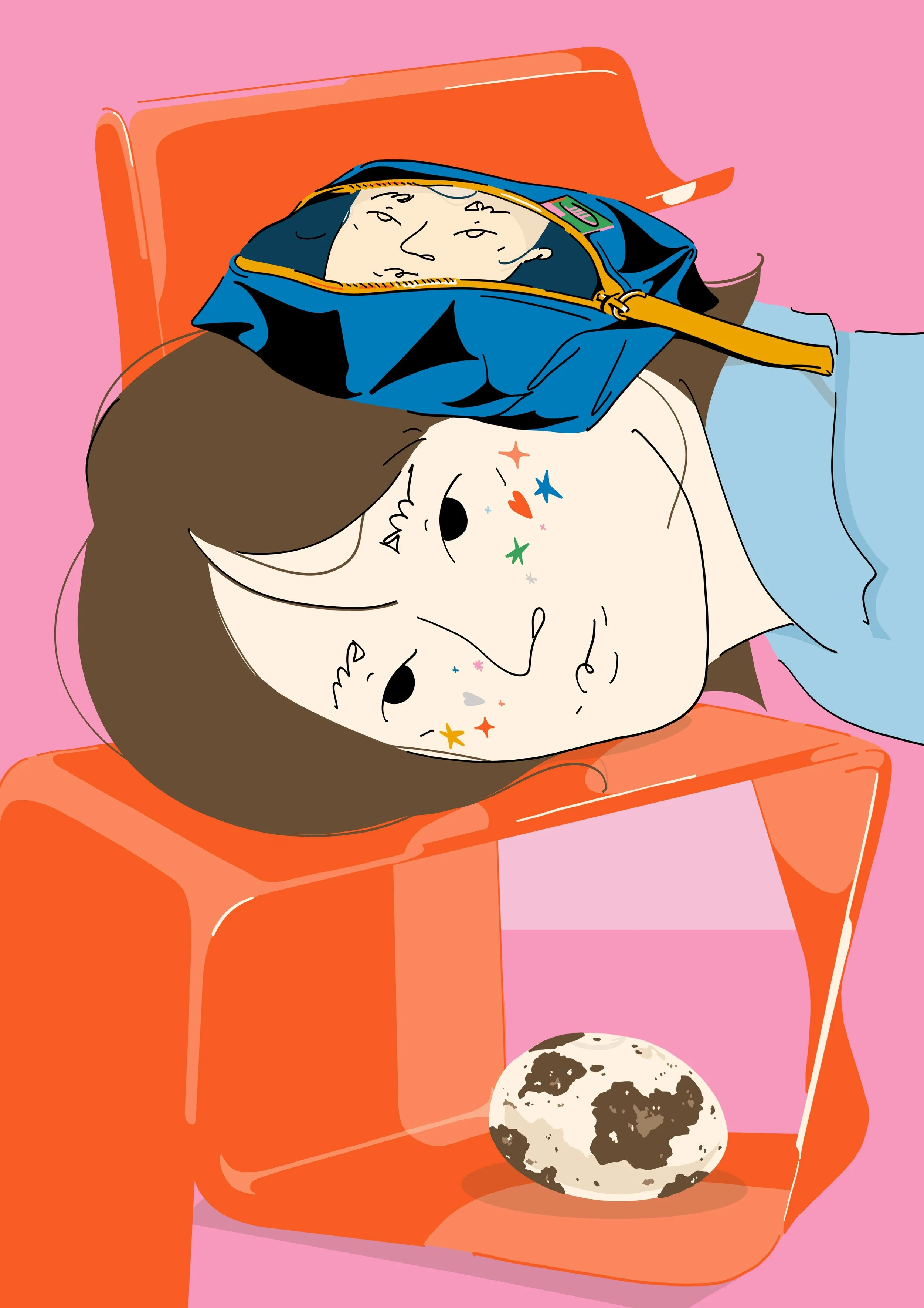 An illustrated scene of a person lying on a table with their head resting on a blue backpack, surrounded by a pink background. There is a small plate with a cookie on the table in the foreground.