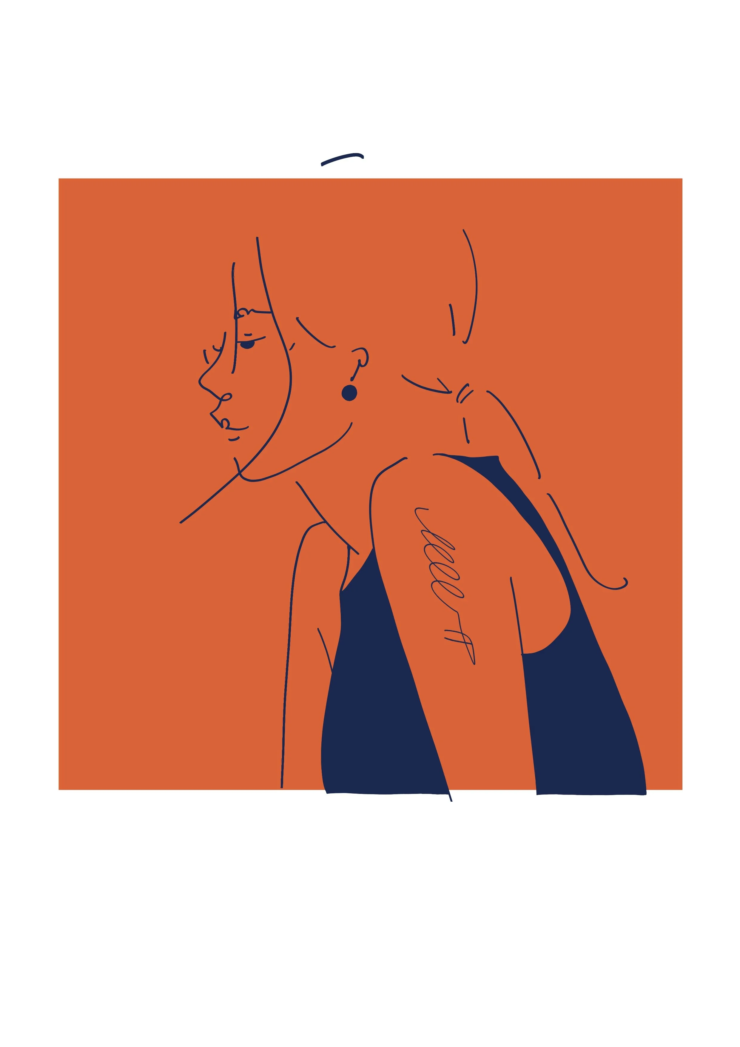 Line art illustration of two women in casual clothing, with one touching her neck and the other with their back turned, against a solid rust-colored background.