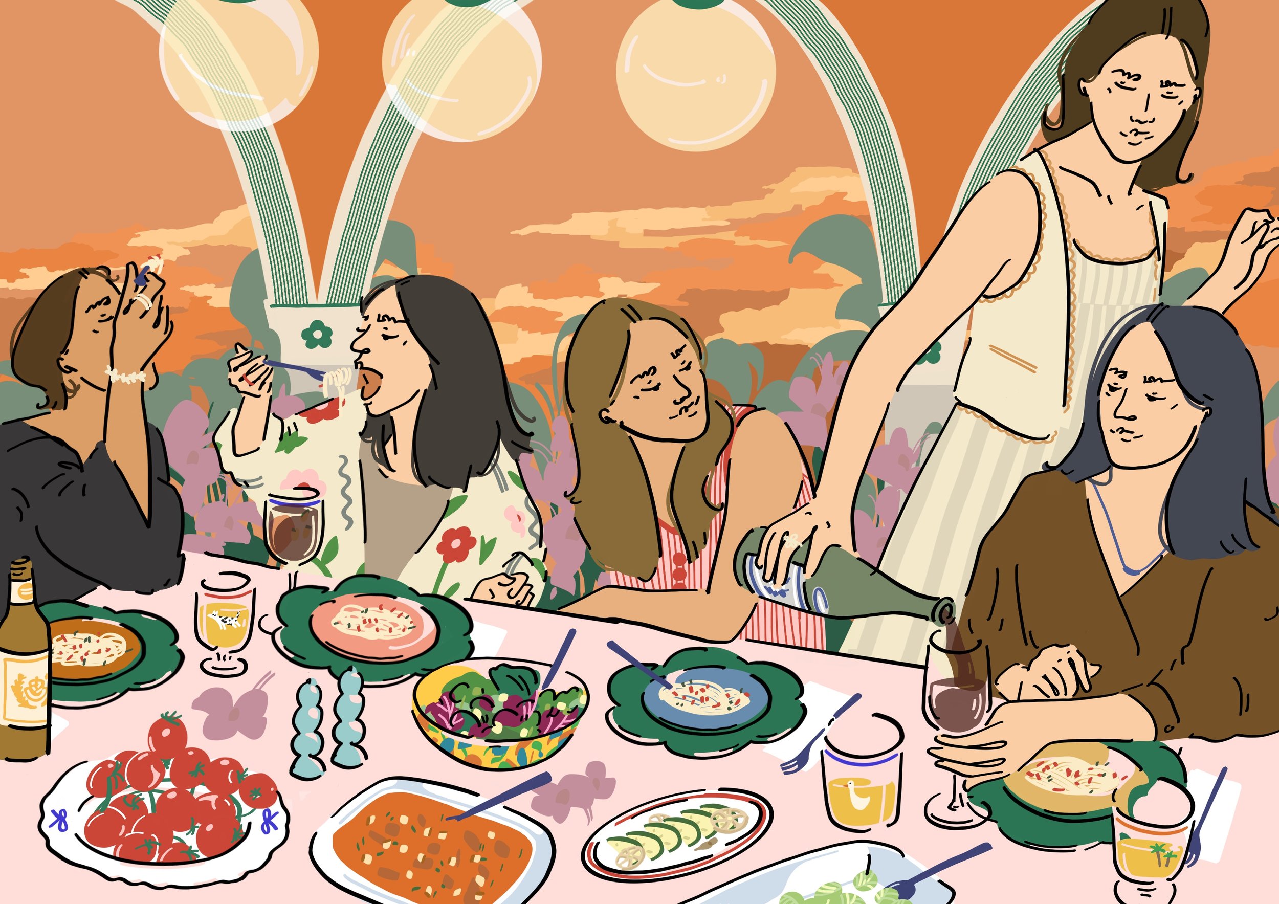 Illustration of a dinner party with five women gathered around a table outdoors during sunset, enjoying food and drinks. The table has plates of pasta, salad, tomatoes, and drinks, with a warm sky and sunset in the background.
