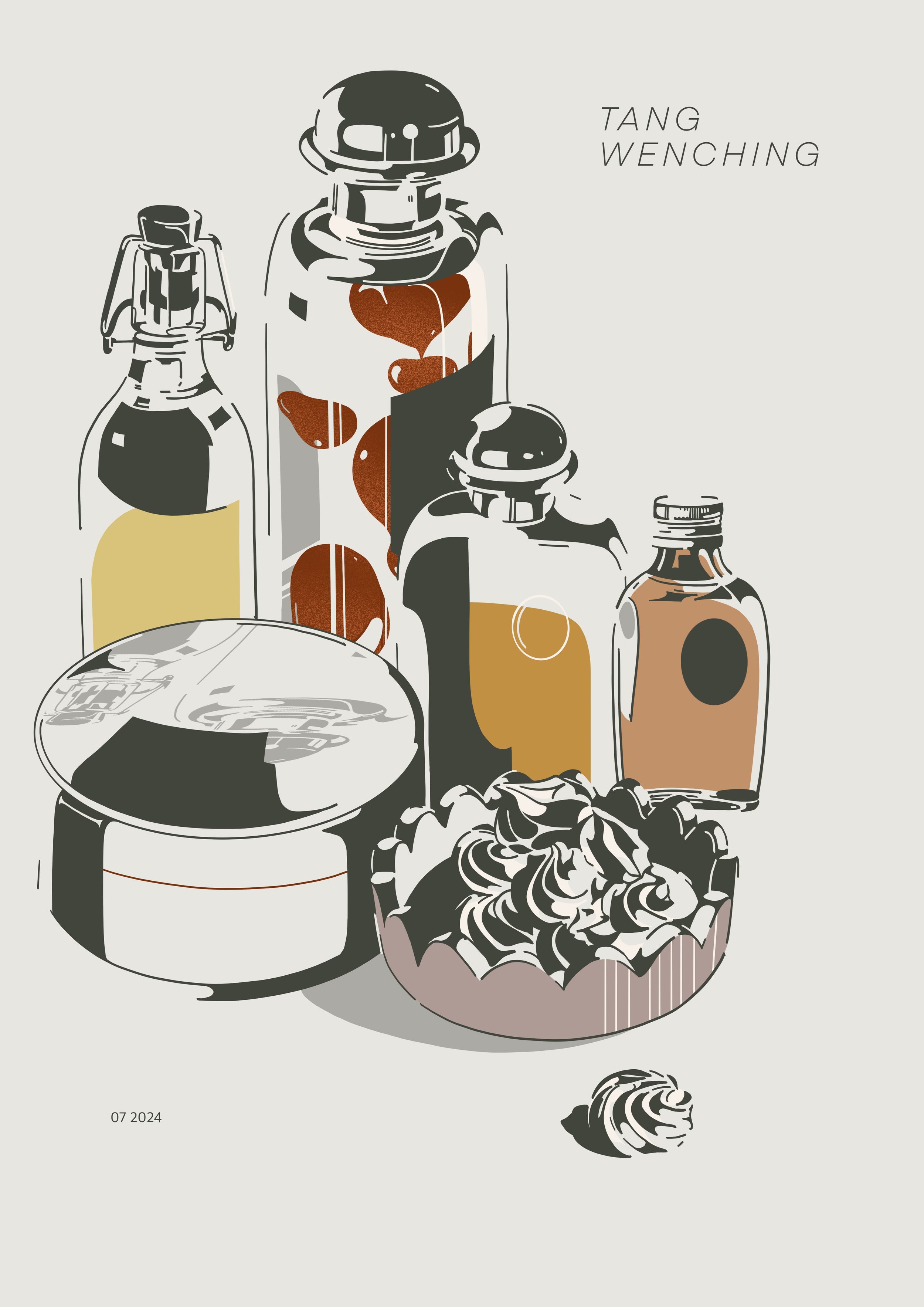 Illustration of assorted bottles, containers, and small objects, with some items having color accents in brown and yellow, arranged on a flat surface.