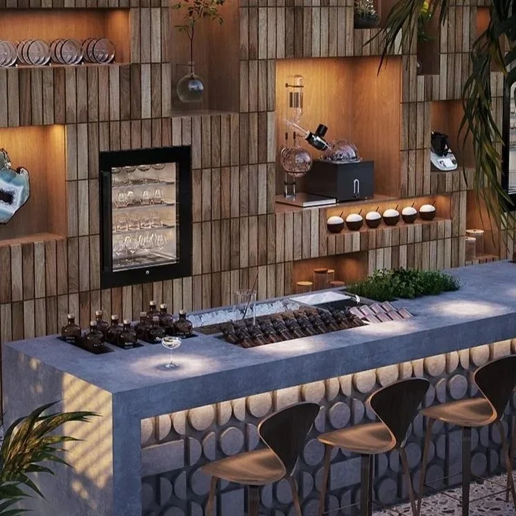 Modern botanical bar with a concrete counter, wooden wall display featuring glassware, bottles, laboratory equipment and mixology machinery, with vintage wooden bar stools and illuminated alcoves filled with plants and drinkware.