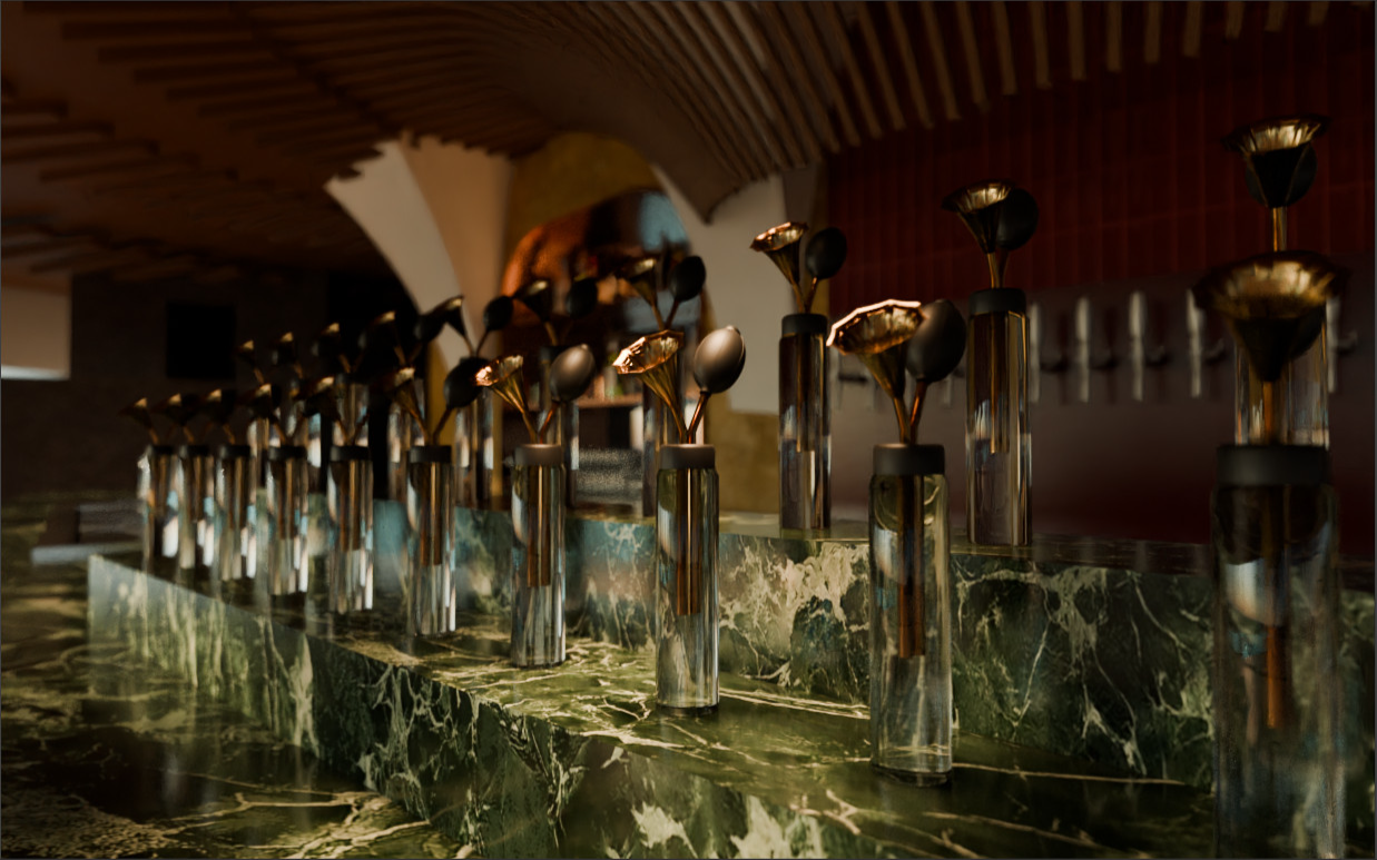 Green marble aroma station with luxury glass bottles and copper details containing edible perfumes, displayed on a green marble bar top. Bar designed by Studio Numen for a multisensory beach club in Bali.