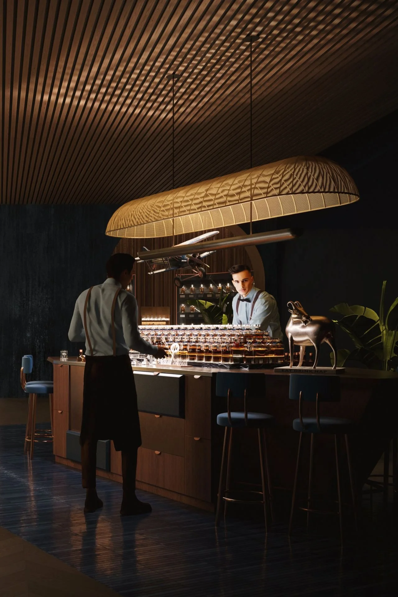 Two bartenders working around a luxury island bar with a large vintage pendant light, whiskey display and sculptural details. Bar designed by Studio Numen for a members’ club concept for Marriott International.