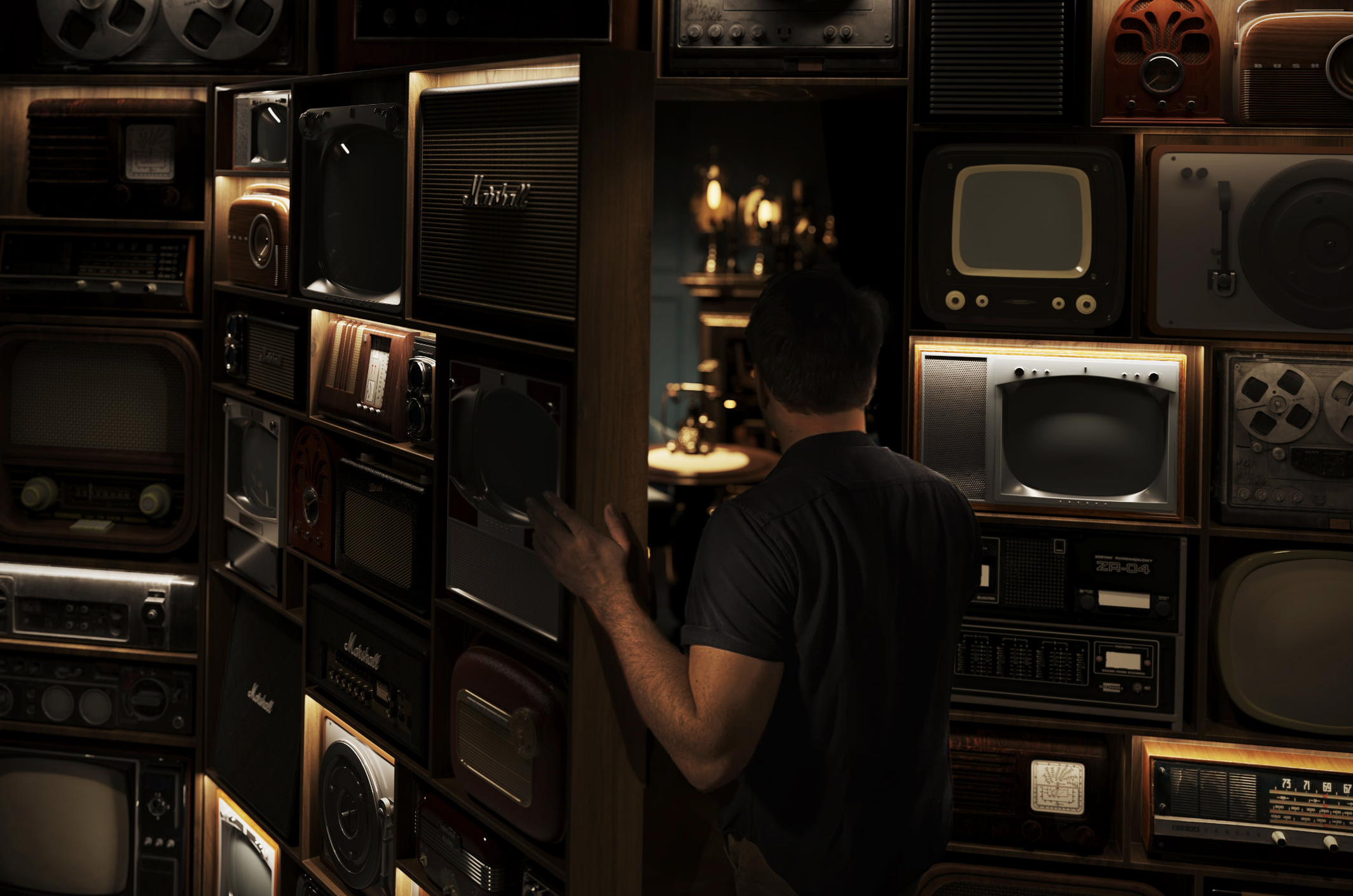 Guest entering a hidden speakeasy through a secret door concealed within a wall of vintage radios and speakers, revealing an intimate, dimly lit cocktail bar beyond. Bar entrance design by Studio Numen for secret member club of Marriott .