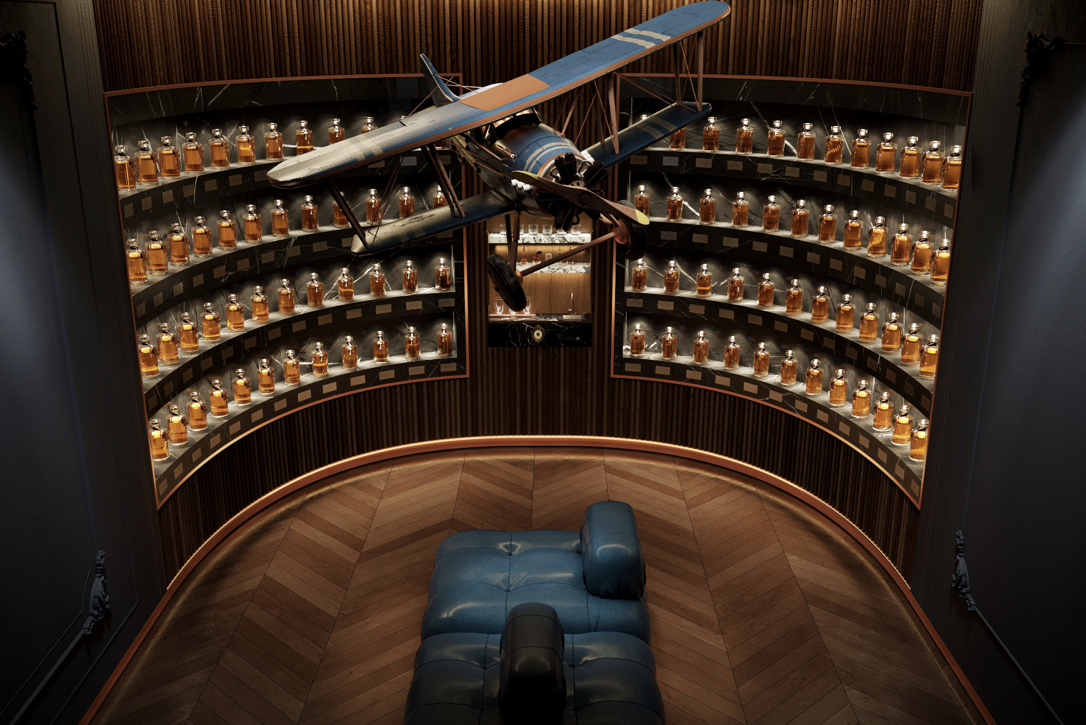 Luxury vintage library interior featuring pre-batched Old Fashioned cocktails, shelves filled with whiskey bottles, a vintage aircraft model suspended from the ceiling and a blue designer couch at the center. Design by Studio Numen for Marriott.