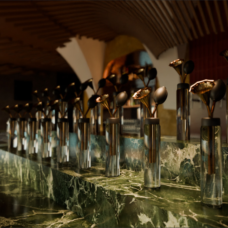 Green marble aroma station with luxury glass bottles and copper details containing edible perfumes, displayed on a green marble bar top. Bar designed by Studio Numen for a multisensory beach club in Bali.