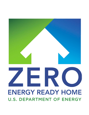 U.S. Department of Energy Zero Energy Ready Home logo with a large upward arrow in a green, white, and blue design.