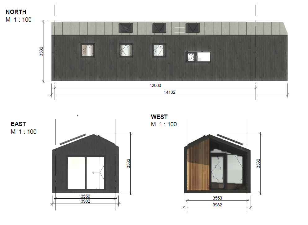 Building blueprint showing top, east, and west views with dimensions and window placements.