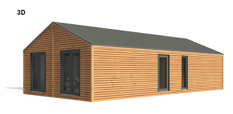 This image shows a 3D render of the luxury lodge clad in thermowood