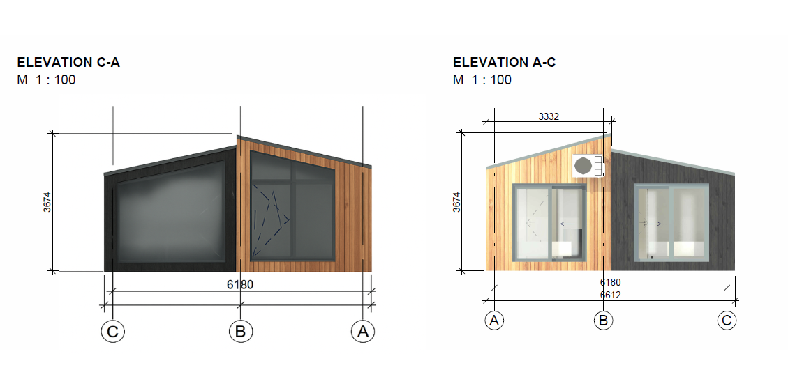 This shows technical elevation plans of the Starling luxury lodge