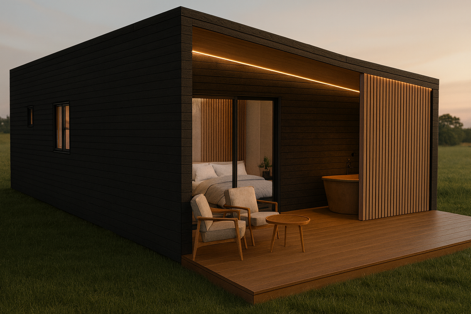 The Starling twin-unit luxury lodge built to BS3632 is shown with reflective glass and an asymmetrical room