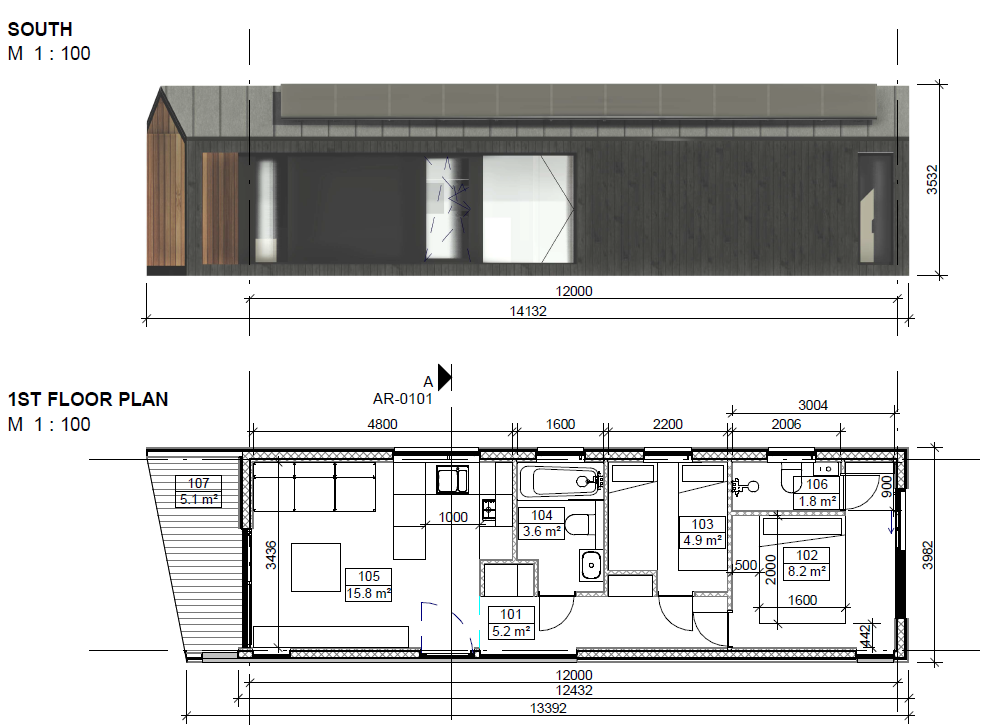Architectural floor plan and elevation drawing of a building, showing room layouts, dimensions, and structural details.