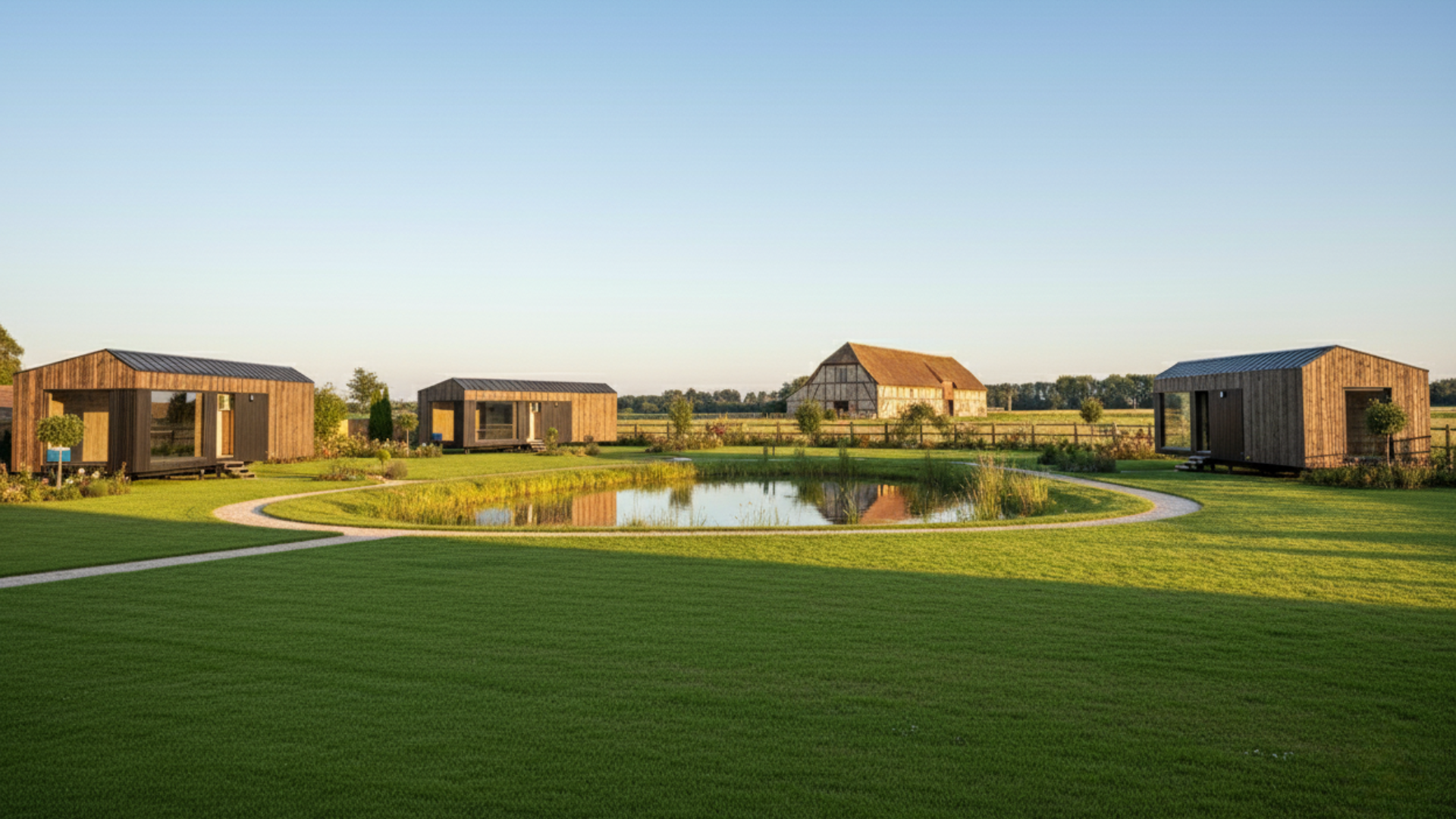 This is a photo of 2 holiday lodges around a pond with large panoramic windows and standing seam roof