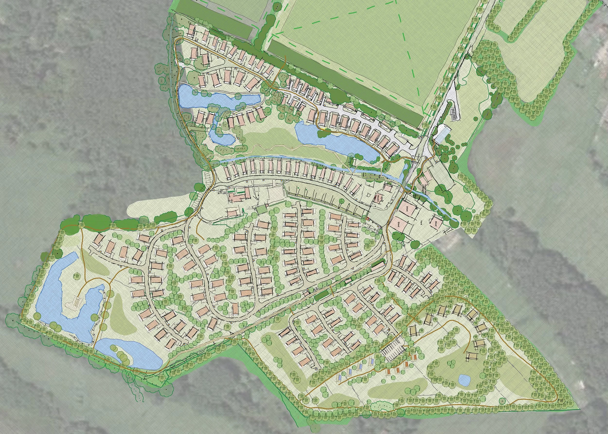 A detailed landscape plan for a large residential development with housing, ponds, roads, and green spaces.