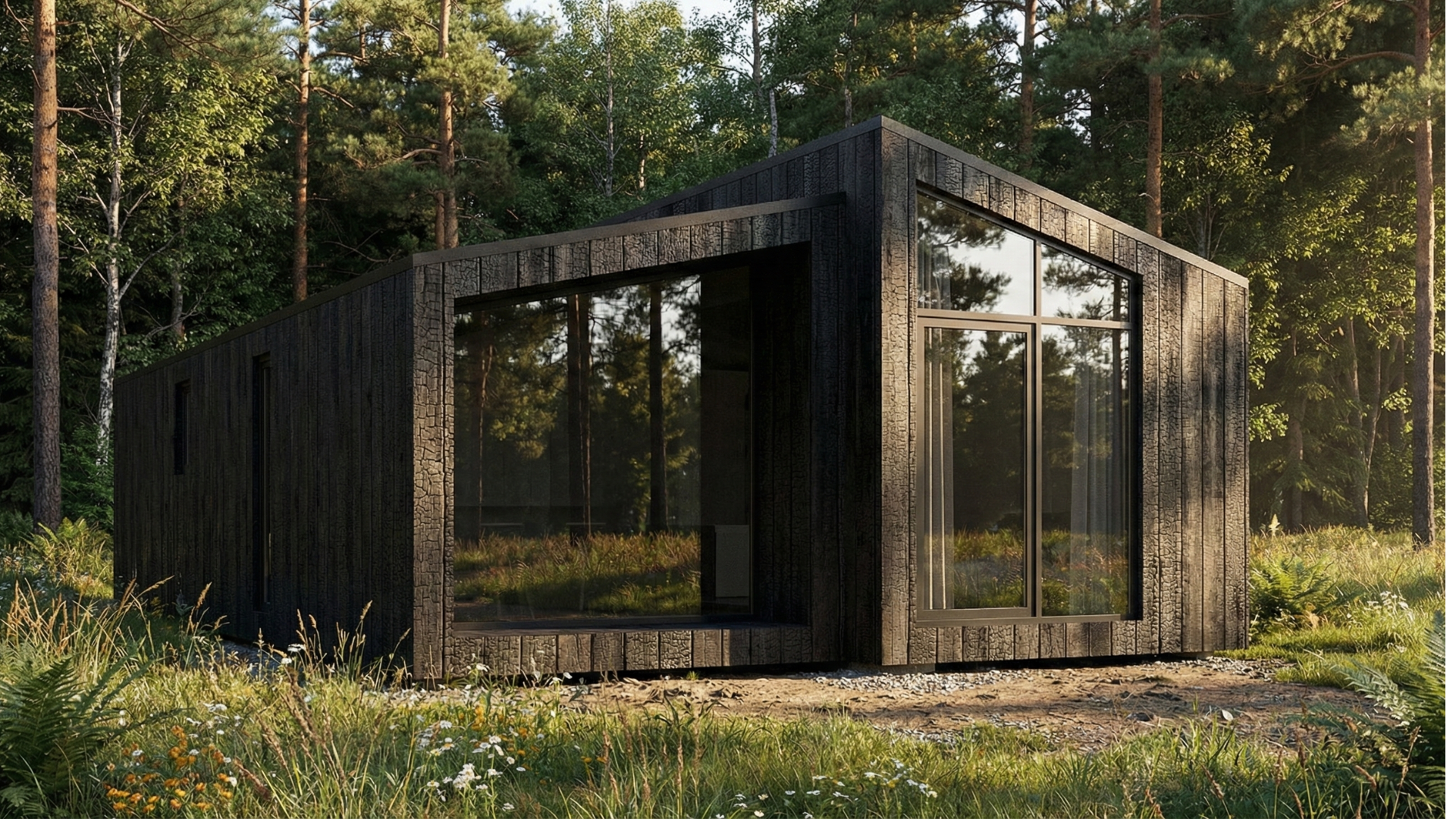 This is a photo of a lodge called the Nordstar, with dark charred sugi ban cladding and expansive glazing