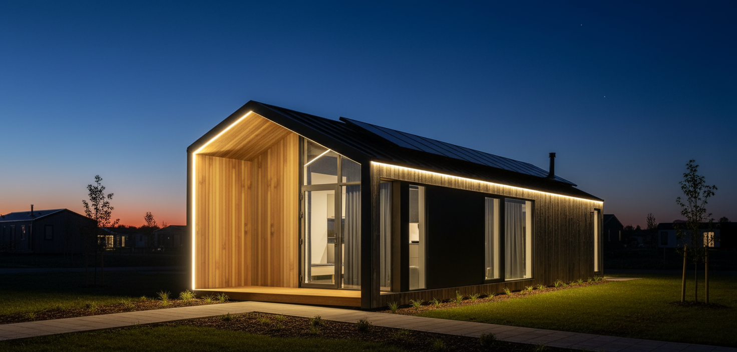 This shows a luxury park home lodge called the Merlin, lit up at dusk with LED strip lights