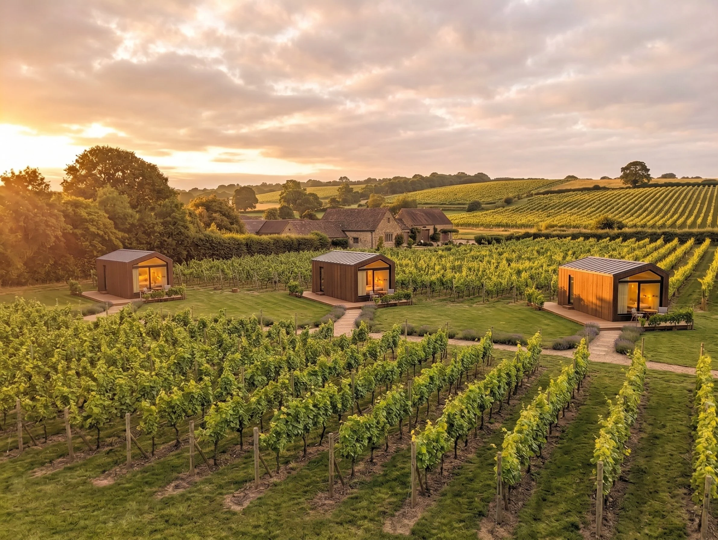 Luxury vineyard accommodation overlooking vines at a UK wine estate