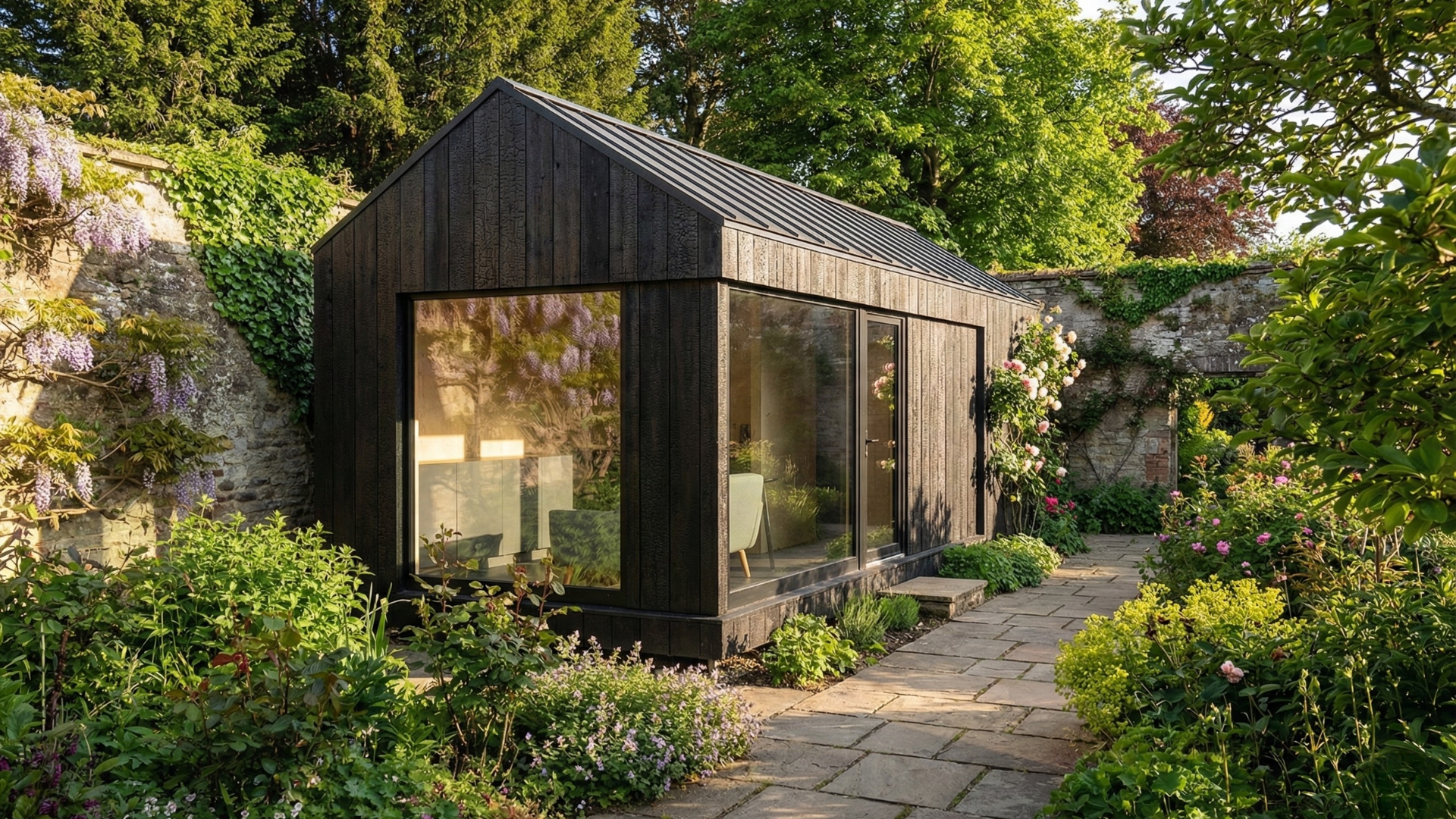 This is an image of the Skylark slimline in a walled garden, it's a beautiful cabin with charred sugi ban cladding.