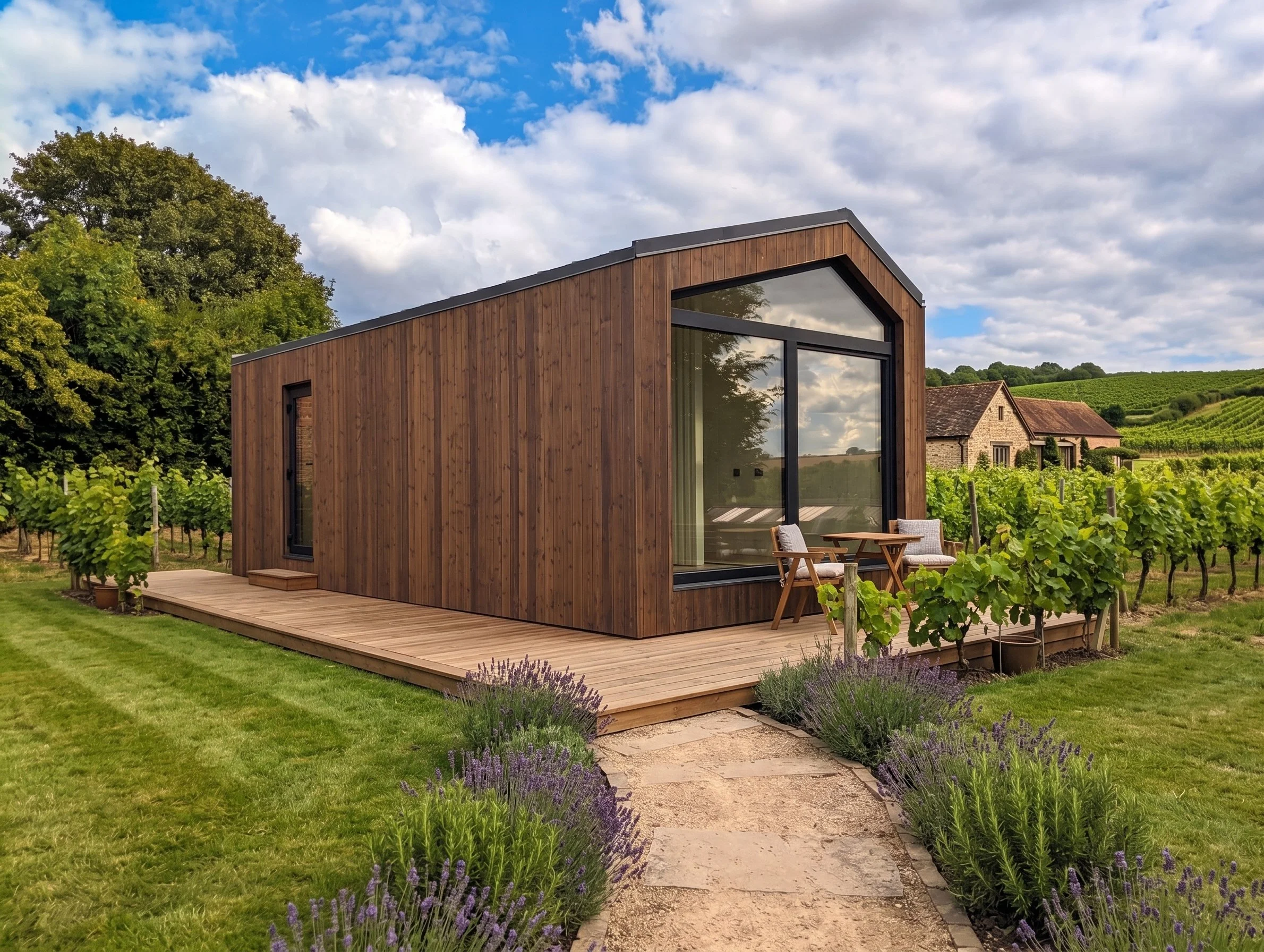 Luxury vineyard accommodation overlooking vines at a UK wine estate