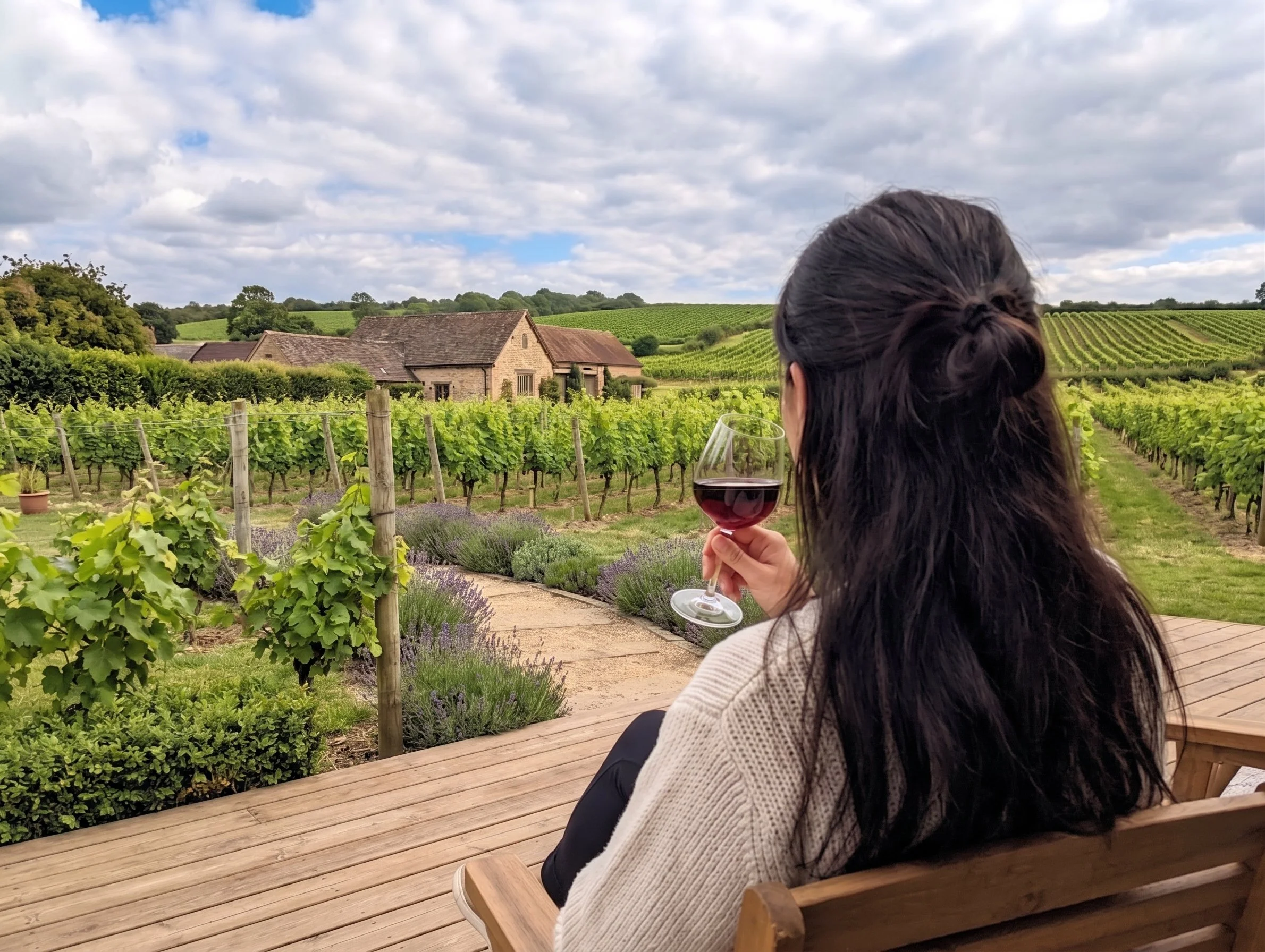 Luxury vineyard accommodation overlooking vines at a UK wine estate