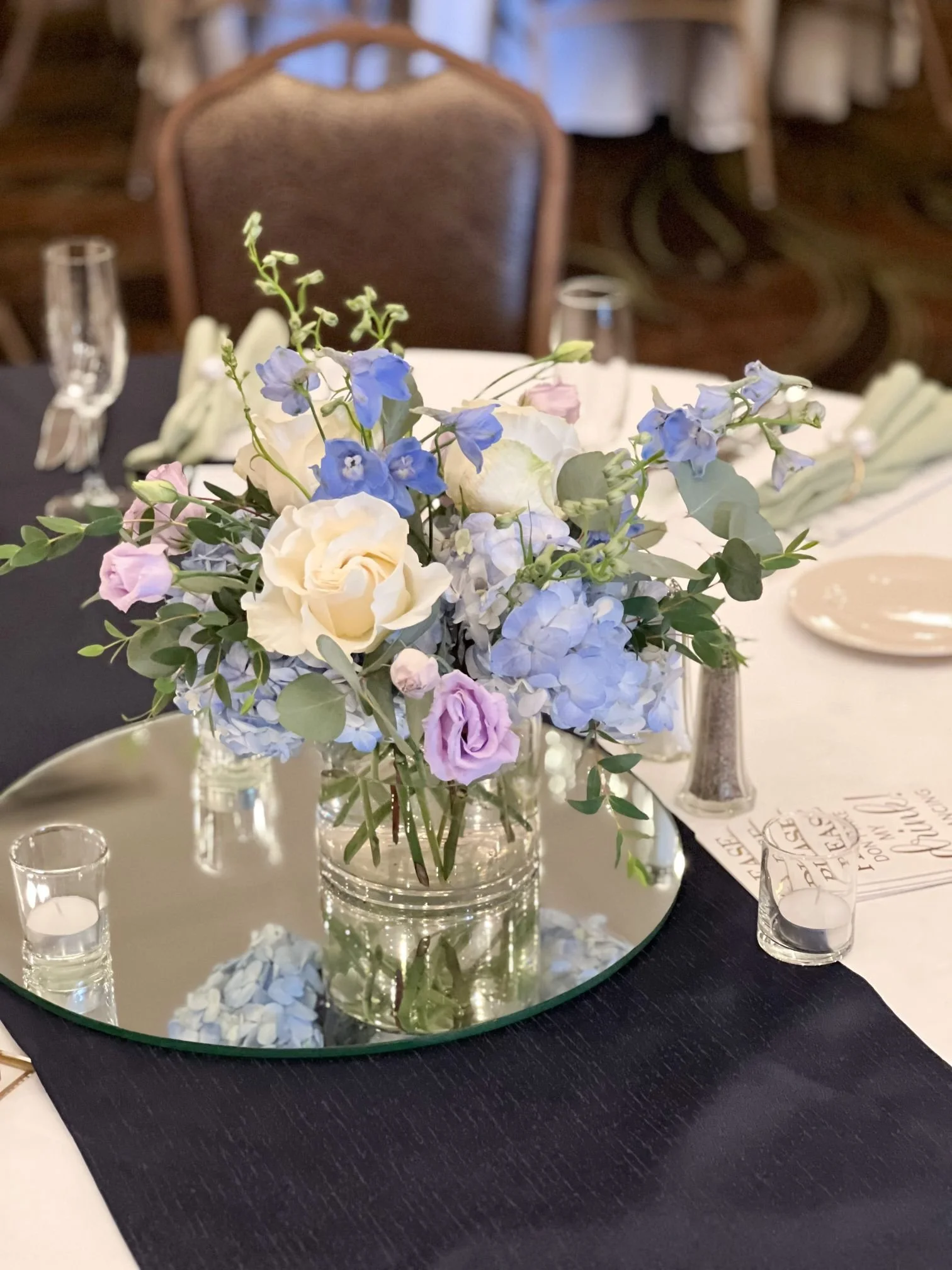 Blue white lavender cylinder centerpiece.jpg