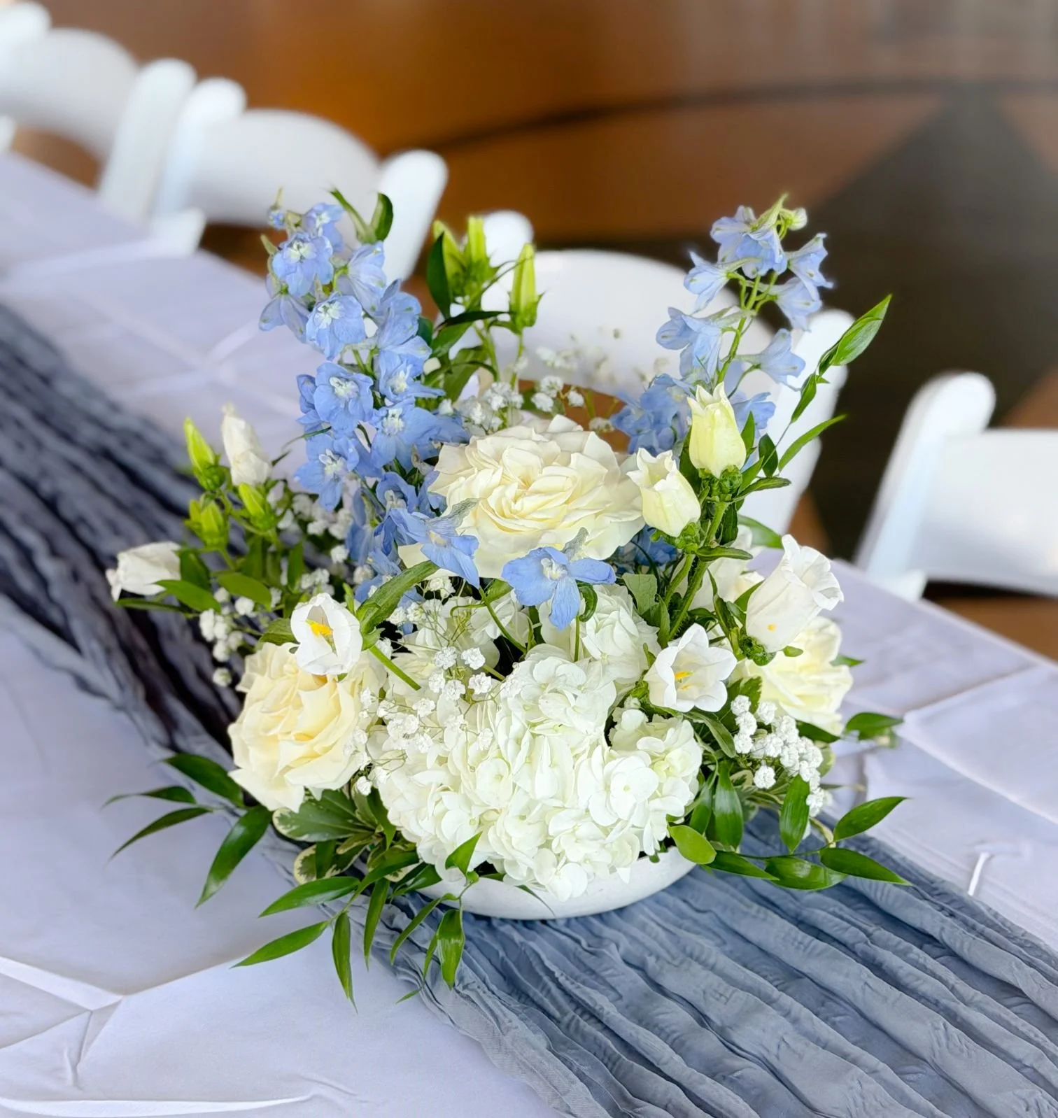 Delphinium campanula hydrangea centerpiece.jpg
