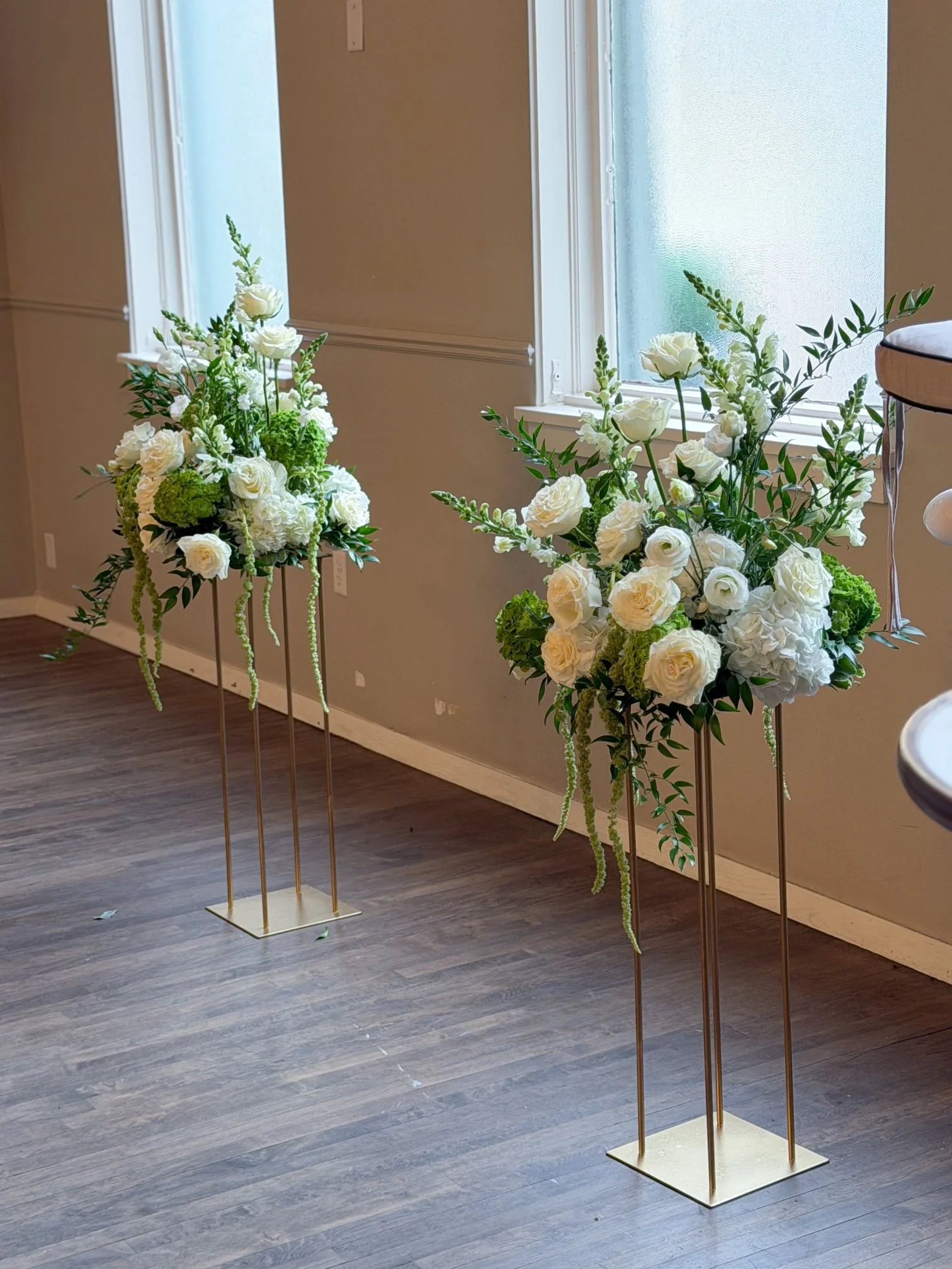 Whimsy White Ceremony Bouquets on Gold Stands.jpg