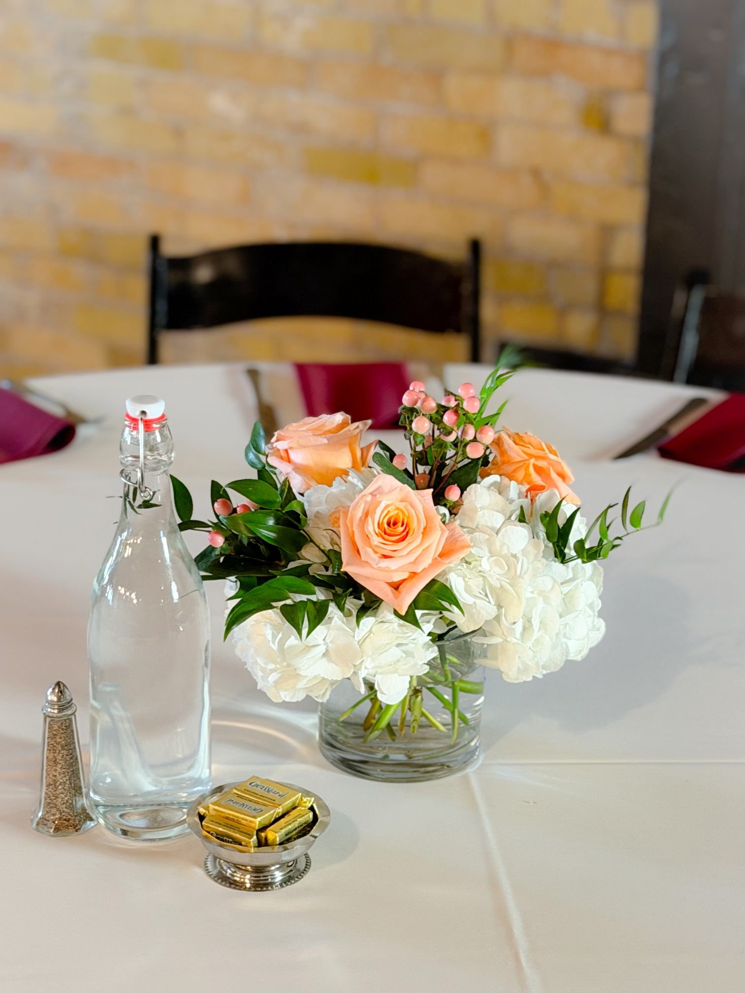 Hydrangea shimmer hypericum ruscus centerpiece.jpg