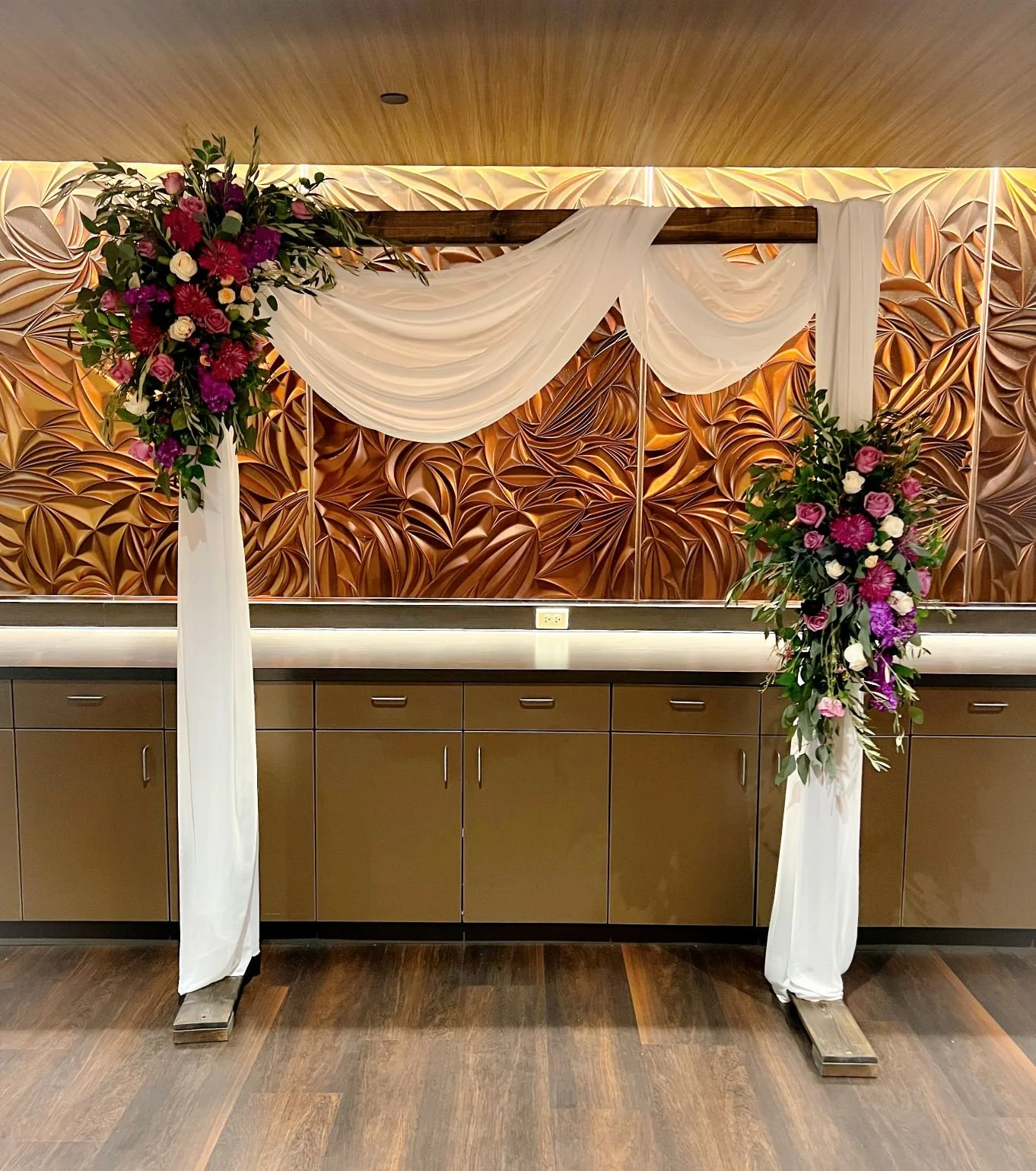 Deep purple cream wood fabric arch.jpg