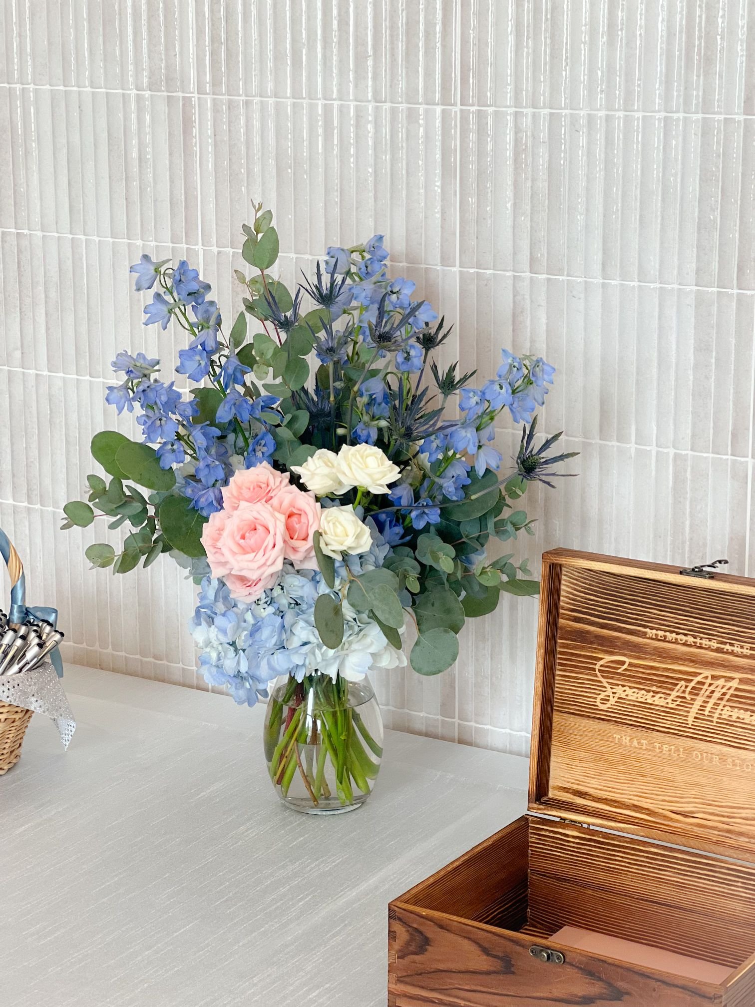 Delphinium hydrangea welcome table.jpg