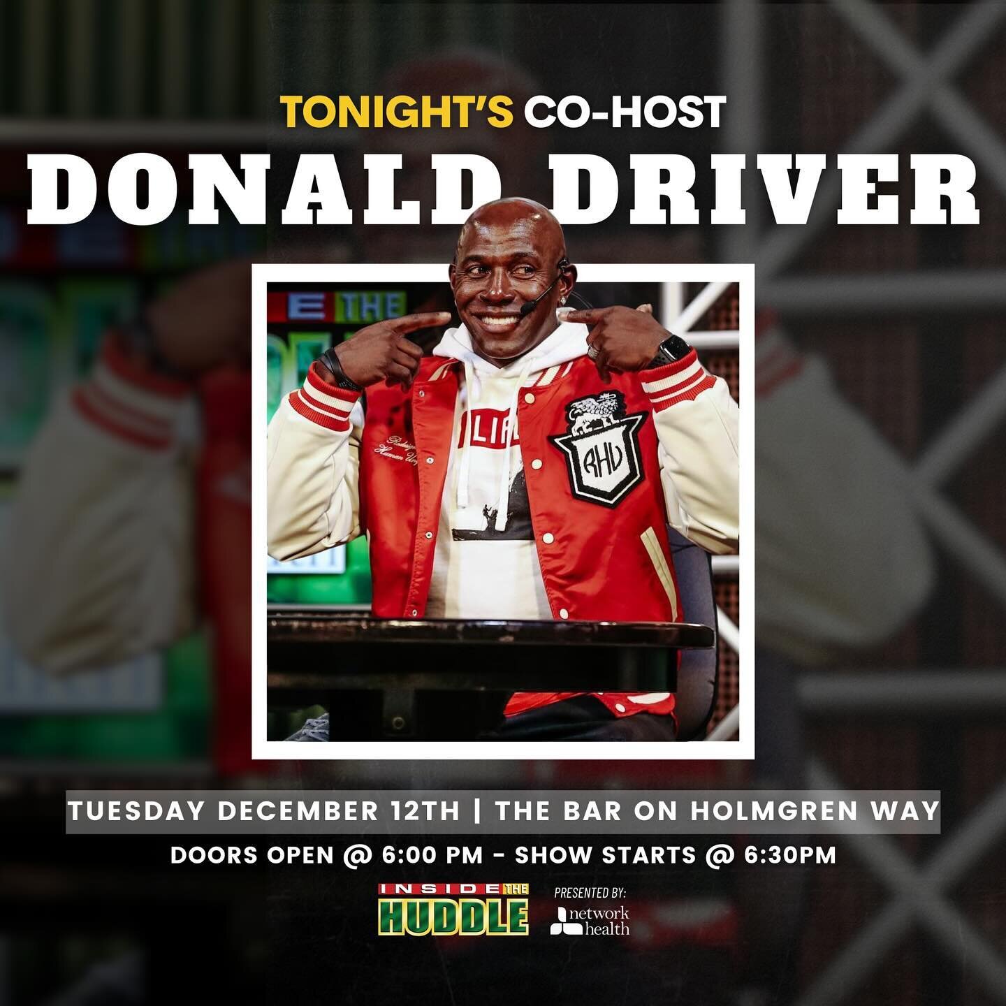 TONIGHT❕Join us &amp; DONALD DRIVER live from @thebarholmgrenway for a taping of Inside the Huddle 

🎟️ Admission is FREE 

📍@thebarholmgrenway
⏰ Doors open at 6pm | Show tapes at 6:30pm 
📆 TONIGHT