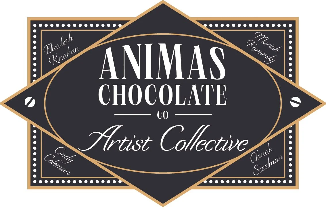 Logo for Animas Chocolate Co. Artist Collective with signature names Patrice DeLorenzo, Cindy Coleman, Mariah Kaminsky, and Claude Steelman.