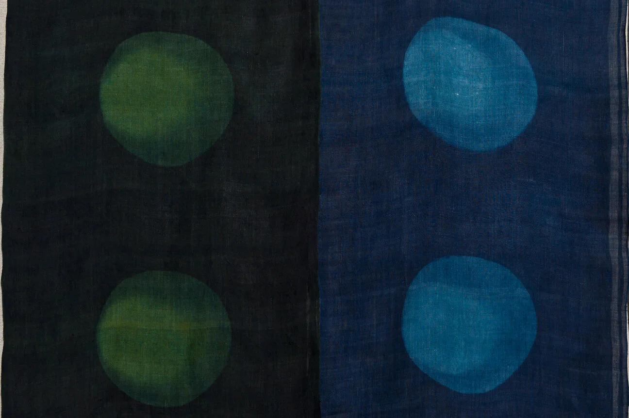 Polychrome Noren (detail) , Shibori and indigo and natural dyes on handwoven Japanese ramie, 14' wide x 7' high, 2011  (photo:  Scott Kubo)