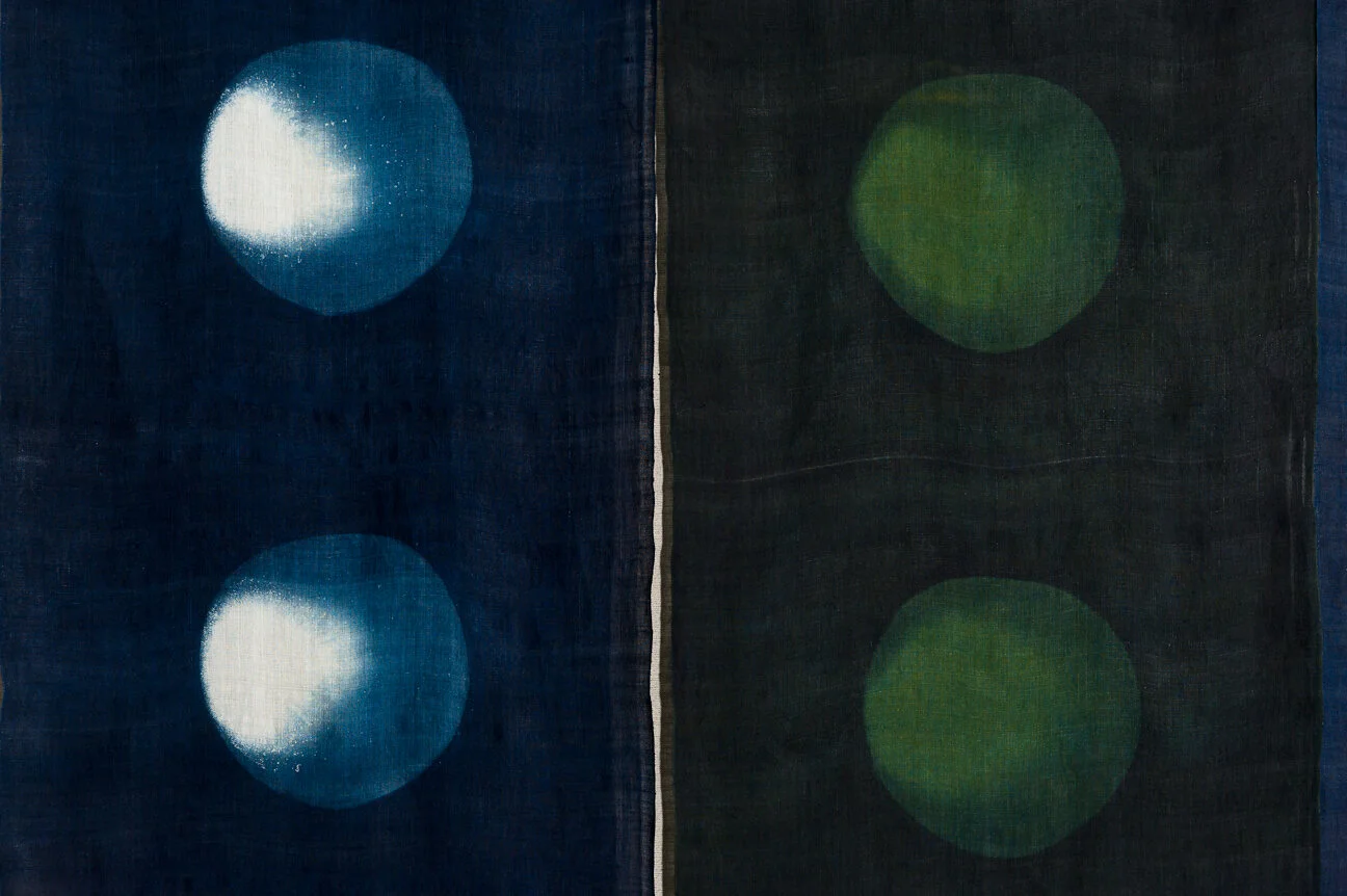 Polychrome Noren (detail) , Shibori and indigo and natural dyes on handwoven Japanese ramie, 14' wide x 7' high, 2011  (photo:  Scott Kubo)