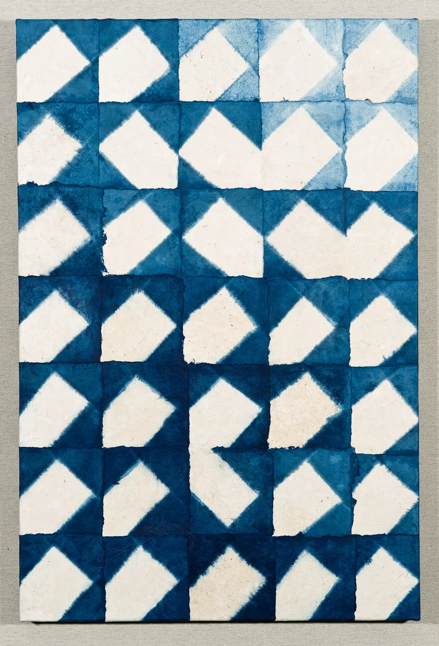 Indigo Dance No 2, Kozo and indigo on canvas, 4' high x 3' wide, 2011
(photo: Scott Kubo)
Click the image to see detail photos