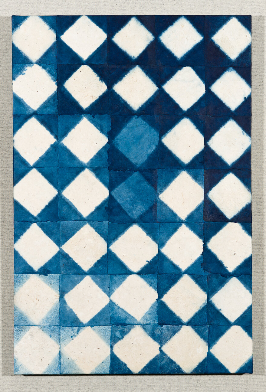 Indigo Dance No 1, Kozo and indigo on canvas, 4' high x 3' wide, 2011
(photo: Scott Kubo)
Click the image to see detail photos