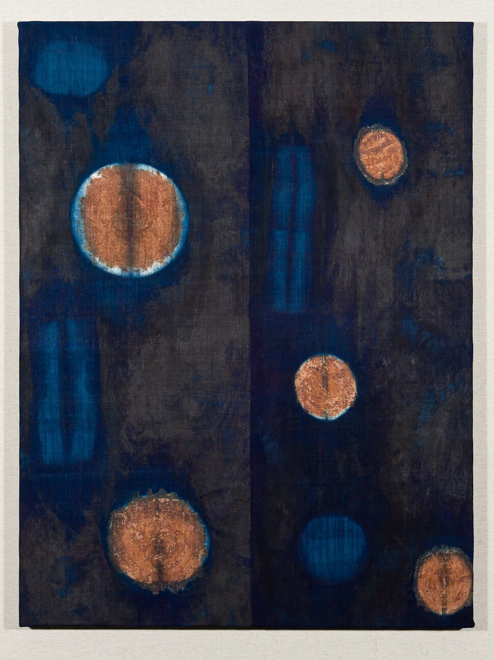 Rust Moons, Shibori and kakishibu (persimmon tannin) on handwoven Japanese ramie, 4' high x 3' wide, 2011
(photo: Scott Kubo)
Click the image to see detail photos